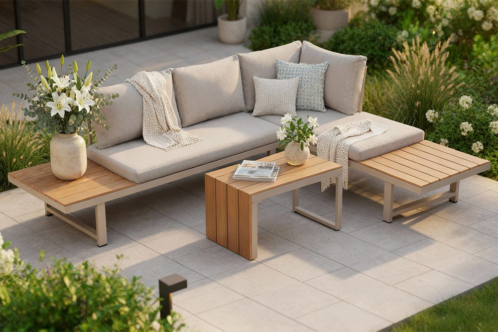 riess-ambiente Sitzgruppe IBIZA MODULAR LOUNGE 250cm champagner greige / natur, (Set, 3-tlg), Gartenmöbel-Sets · wetterfest · Lounge · Outdoor · inkl. Sofa & Tisch