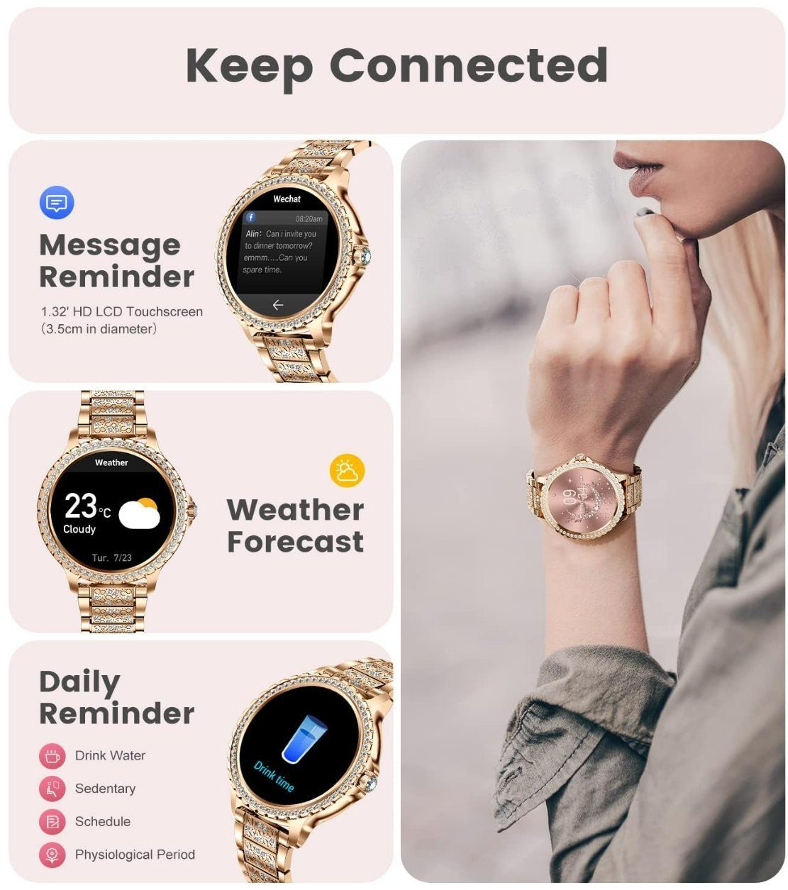 Android Wasserdicht Mit Rund Damen Telefonfunktion Watch Smart Lige Smartwatch, iOS