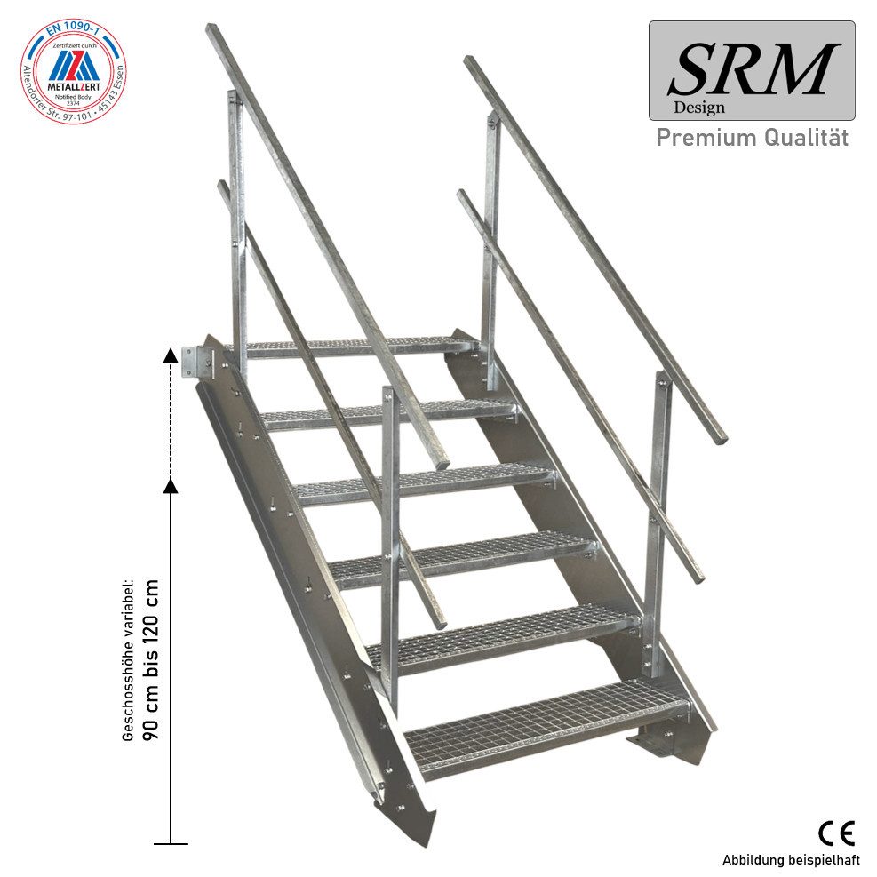 SRM Design Außentreppe 6 Stufen Stahltreppe 100cm Breite, Höhe 90-120cm, 2x Geländer Rund