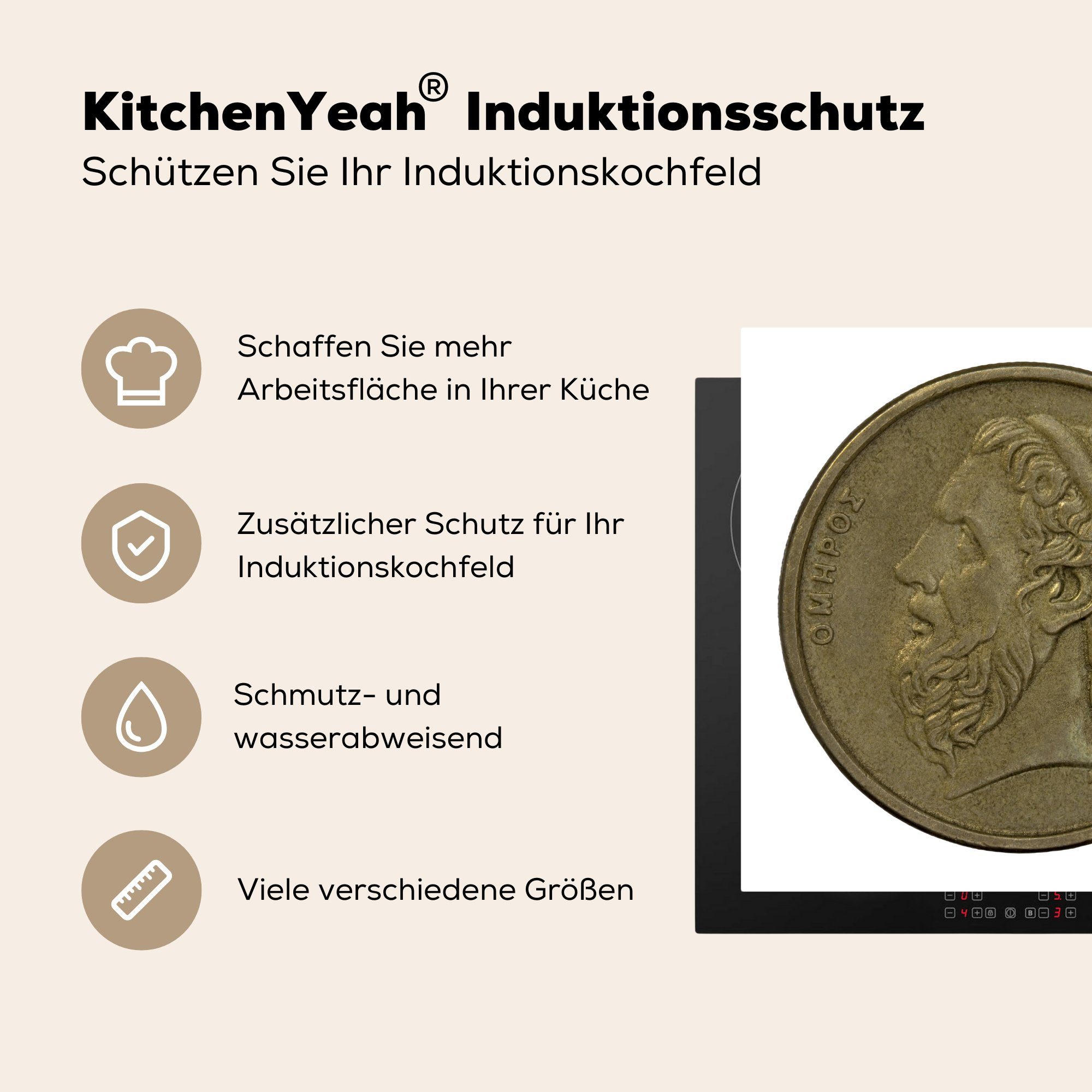 MuchoWow Herdblende-/Abdeckplatte Vinyl, küche Homer, tlg), Eine Dichters Münze 78x78 cm, für griechischen (1 Arbeitsplatte des Ceranfeldabdeckung