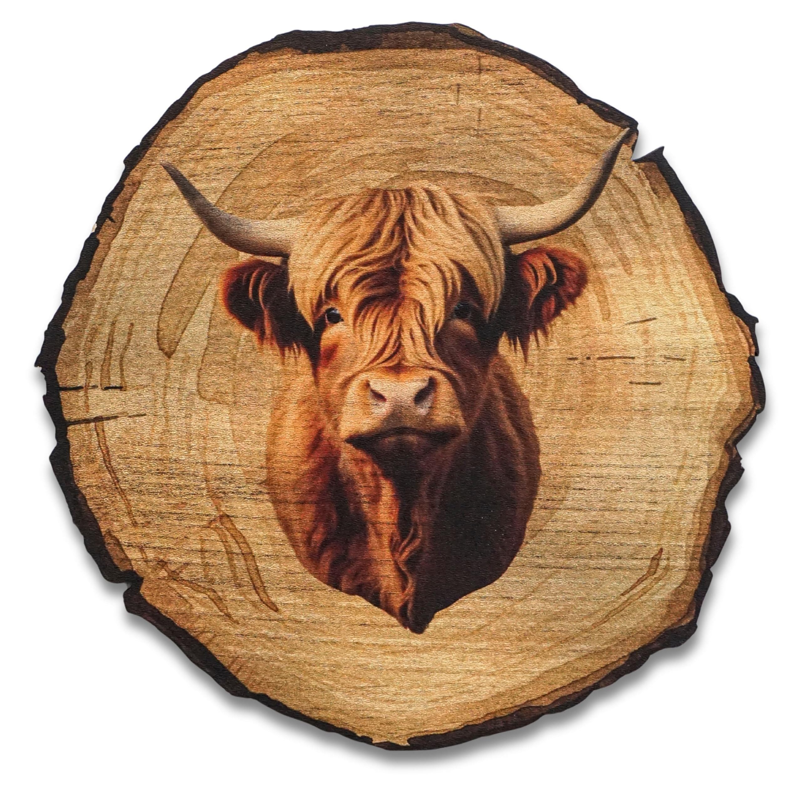 DARO Design Wandbild Tiere Holzoptik Wandbilder Wand Deko Bilder Vintage, (Stier - Bild klein Wohnzimmer Flur Schlafzimmer Diele Arbeitszimmer Einteilig Rund Fotodruck Baumscheiben-Tiere), 20x20 cm