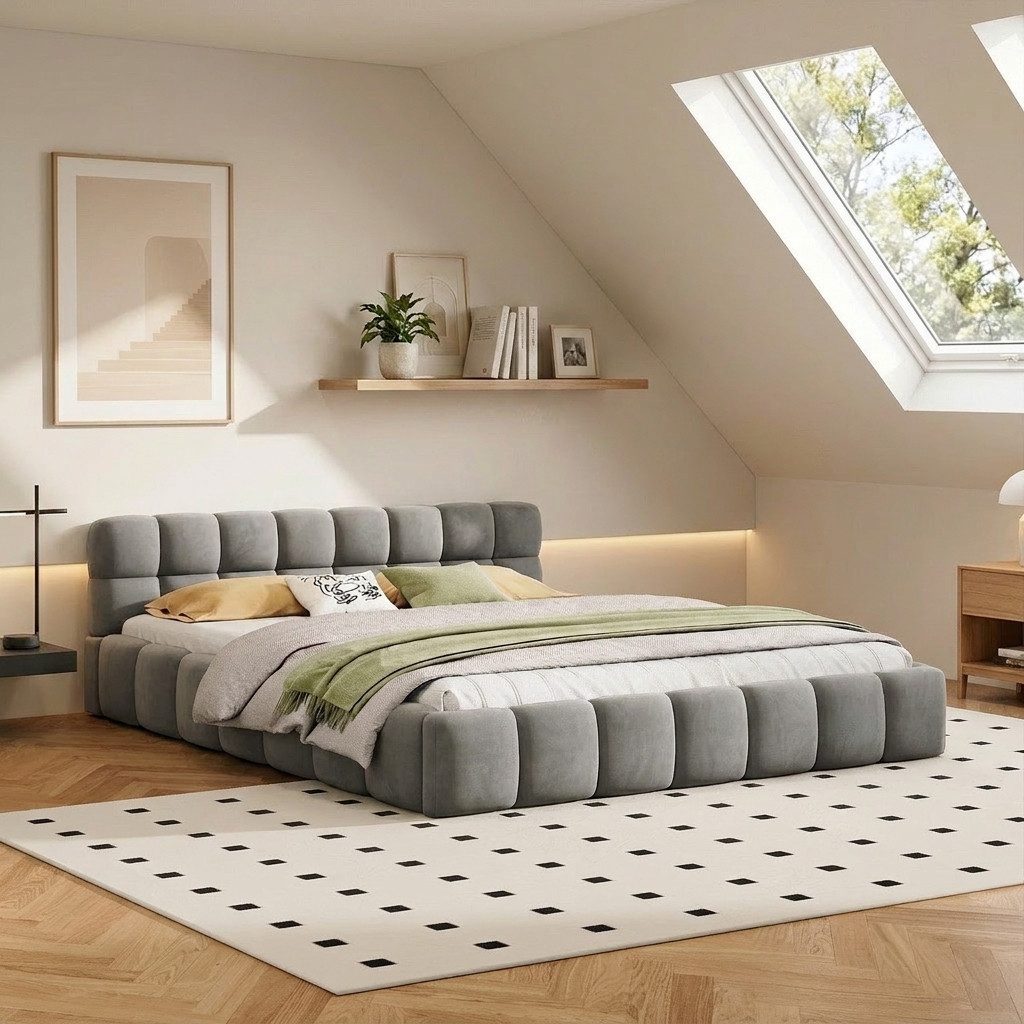 PXloue Polsterbett Doppelbett Jugendbett (ohne Matratze), (Futonbett), Mit Bettrahmen und Lattenrost, Leinen-Stoff, 140x200cm