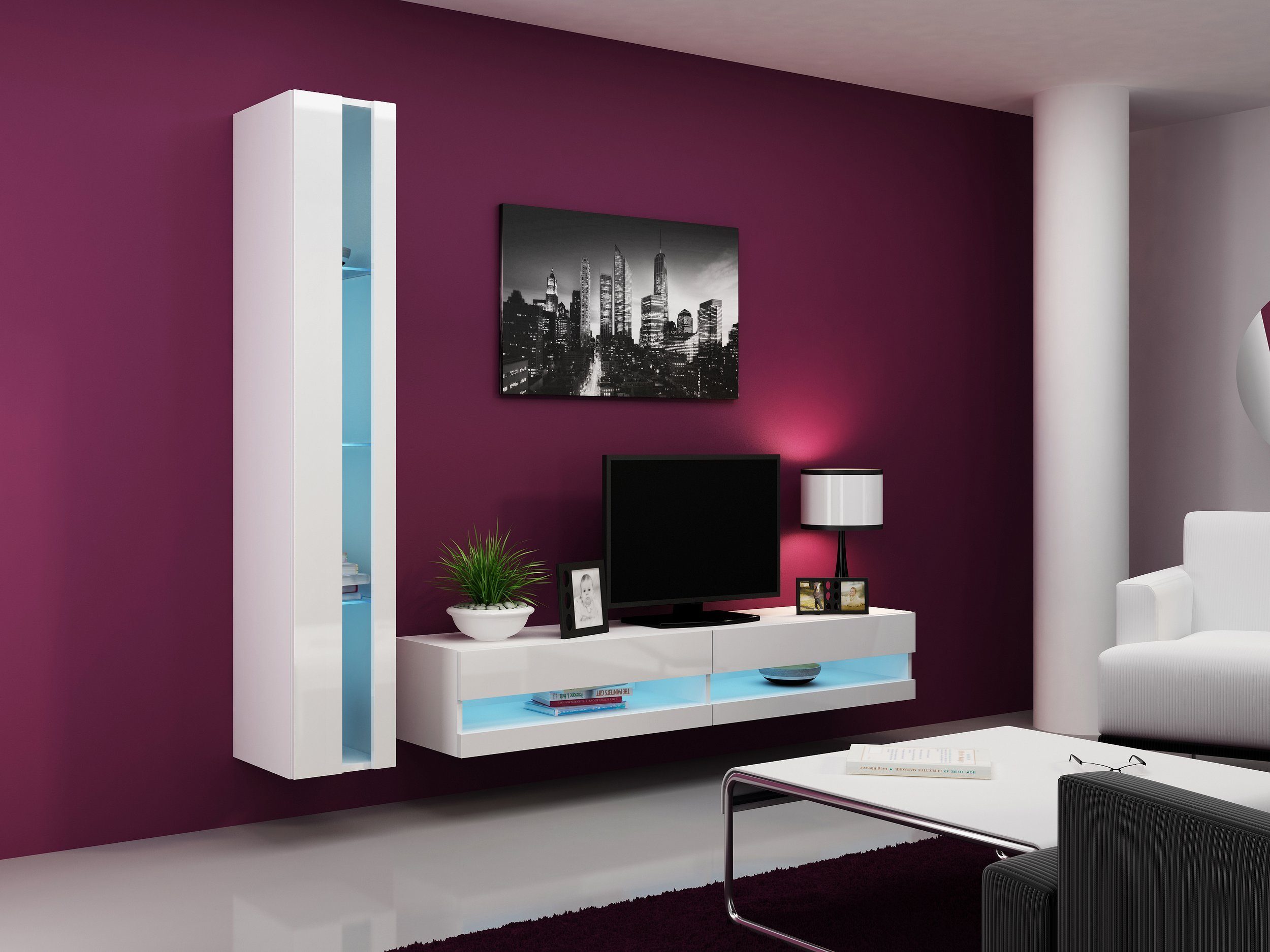 Stylefy Wohnwand Vago N VIII, (Set (2-St), Wohnmöbel, Wohnzimmer-Set), bestehend aus 1xLowboard und 1xHängevitrine, mit Push-to-Open, inkl. LED-Beleuchtung, Glaselemente Weiß/Weiß Hochglanz