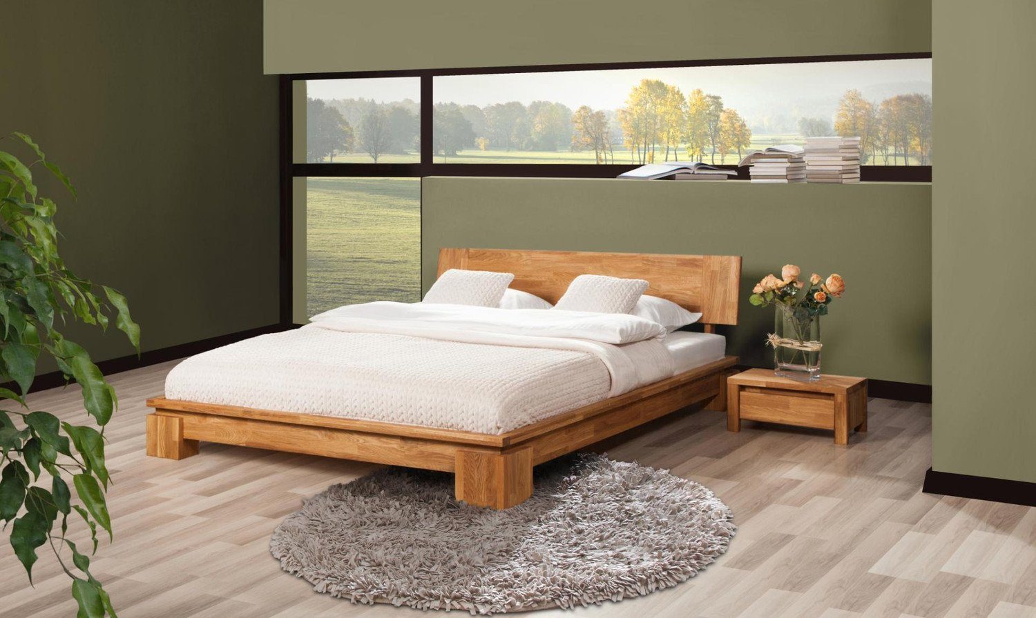 Natur24 Bett Bett Tinci niedrige Höhe 180x190 Wildeiche massiv mit  Holzkopfteil