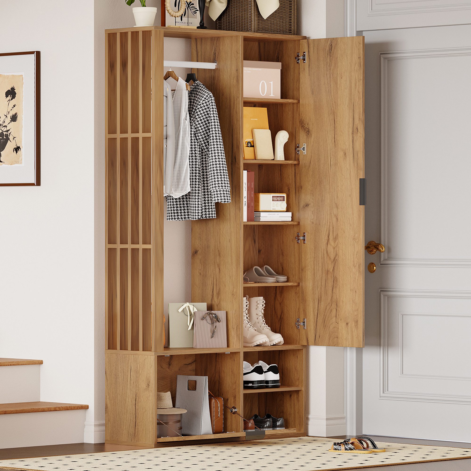 EXTSUD Garderobenschrank 6‑in‑1 Garderobenschrank mit Spiegel & Wäscheständer, 100 cm (Garderobenschrank und Spiegel, Breite 100 cm,Schrank mit unterer Tür) zum Aufhängen von Mänteln,Flurschrank mit Wäscheständer