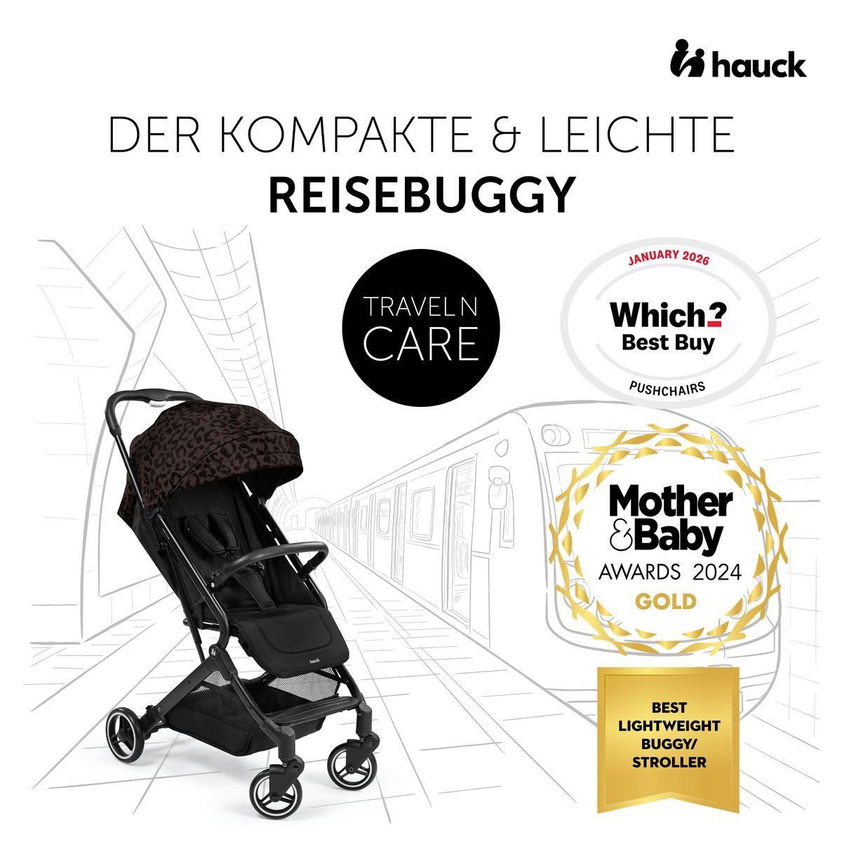 Hauck Sportbuggy Travel N Care - Leo, Reisebuggy Sportwagen mit Liegefunktion inkl. Lenkrad bis 22 kg