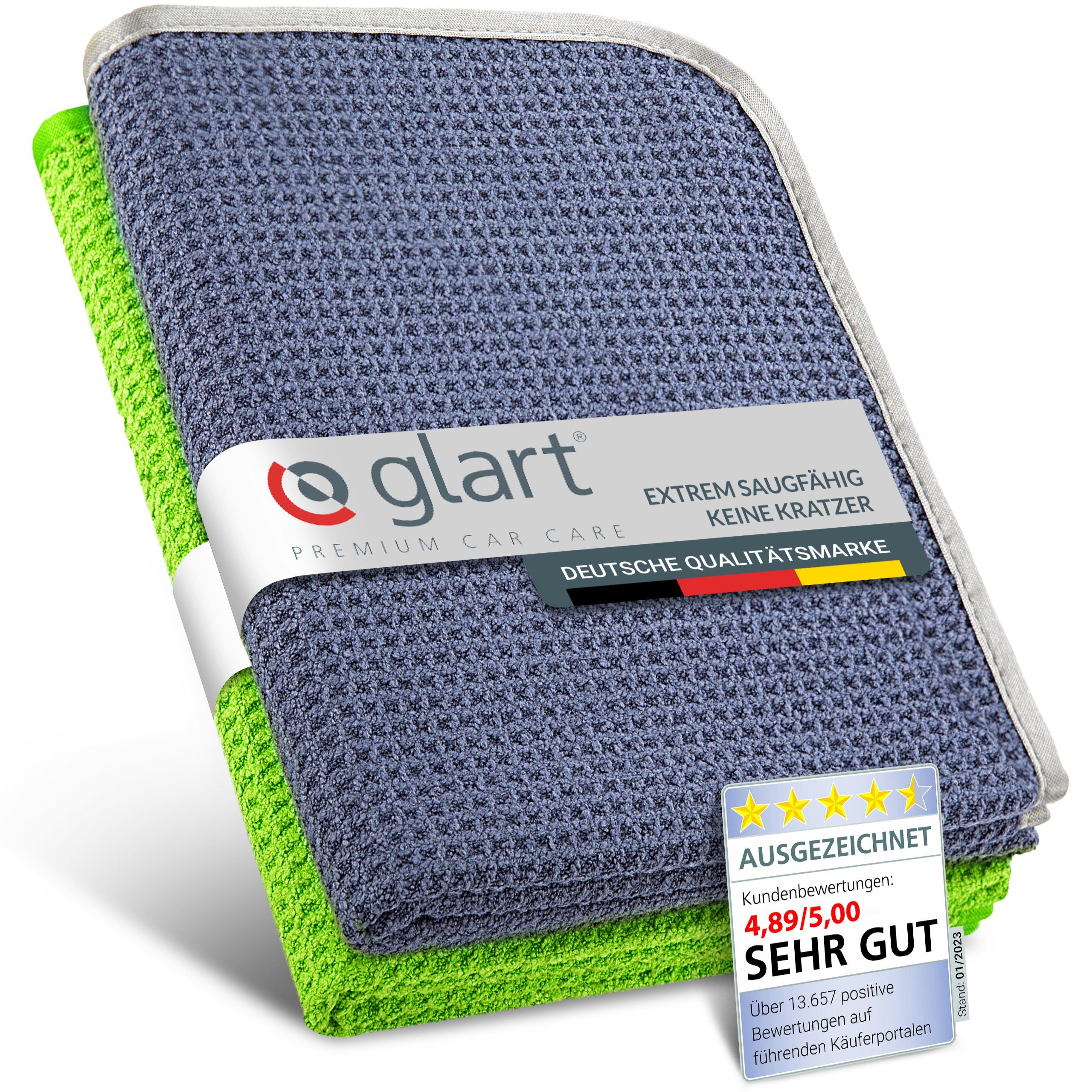 Glart 47TG Auto Trockentuch 2er-Premium Mikrofaser 70x40cm Kratzfrei Grün Mikrofasertuch