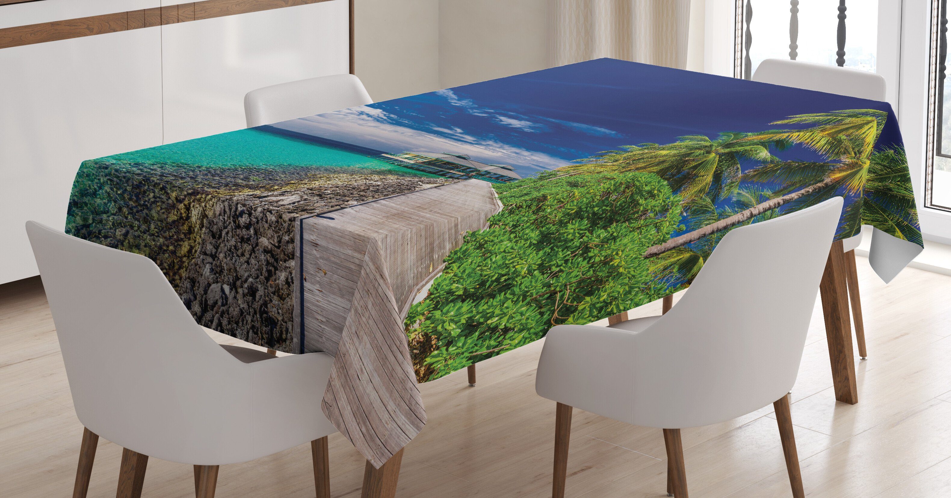 Abakuhaus Tischdecke Farbfest Waschbar Für den Außen Bereich geeignet Klare Farben, Ozean Strand-Palme-Himmel