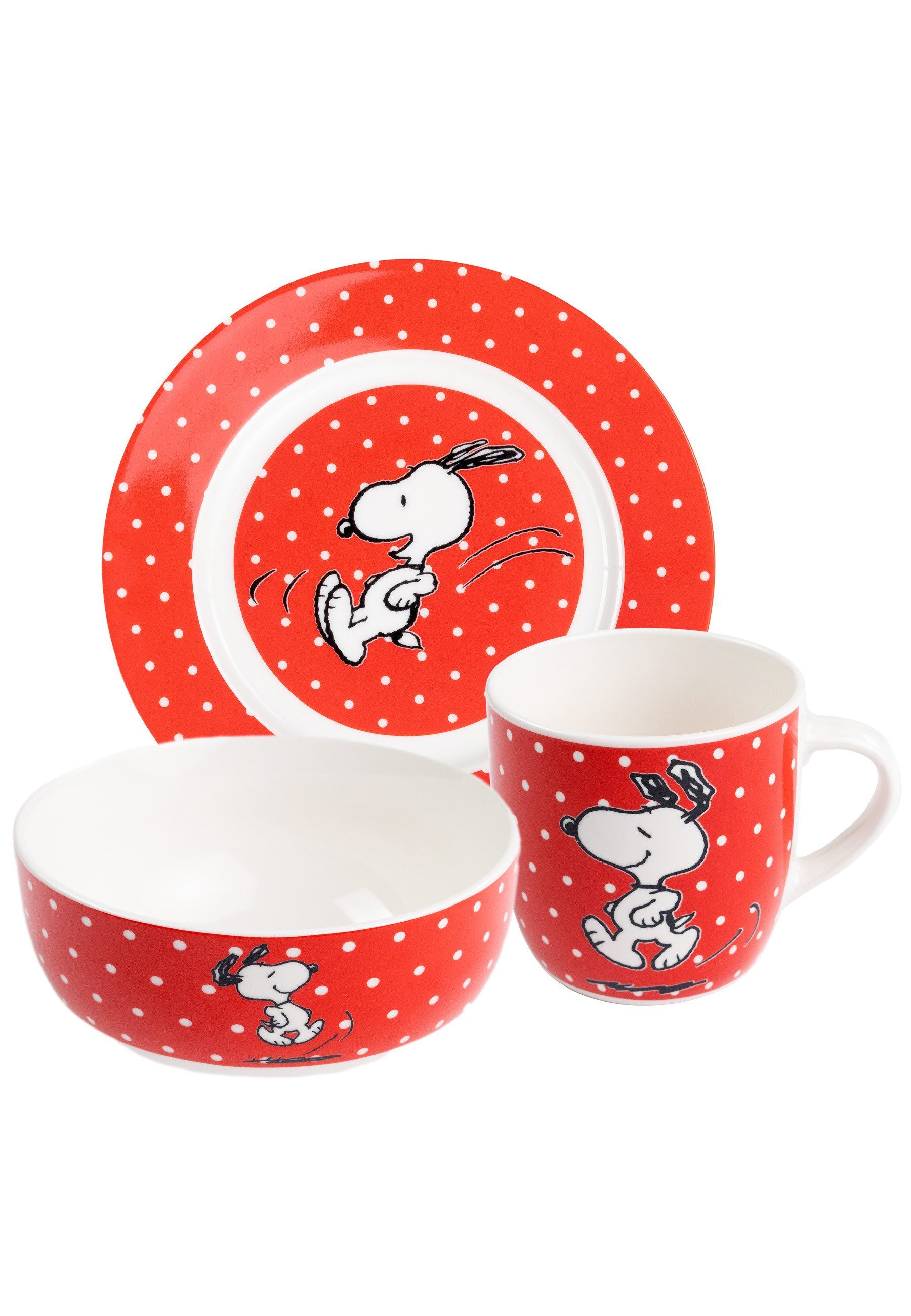 United Labels® Frühstücks-Geschirrset The Peanuts Frühstücksset Snoopy Geschirr Set 3-teilig mit Punkten, 1 Personen, Porzellan