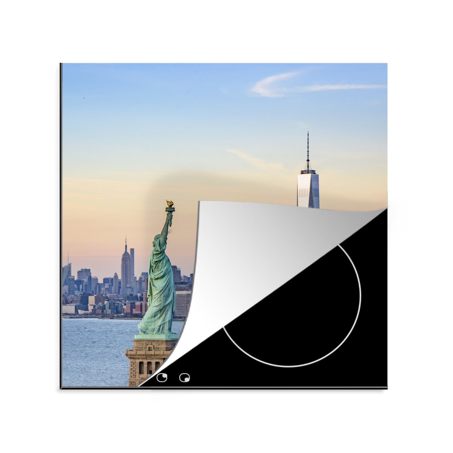 MuchoWow Herdblende-/Abdeckplatte Die Freiheitsstatue und das One World Trade Center in New York, Vinyl, (1 tlg), 78x78 cm, Ceranfeldabdeckung, Arbeitsplatte für küche