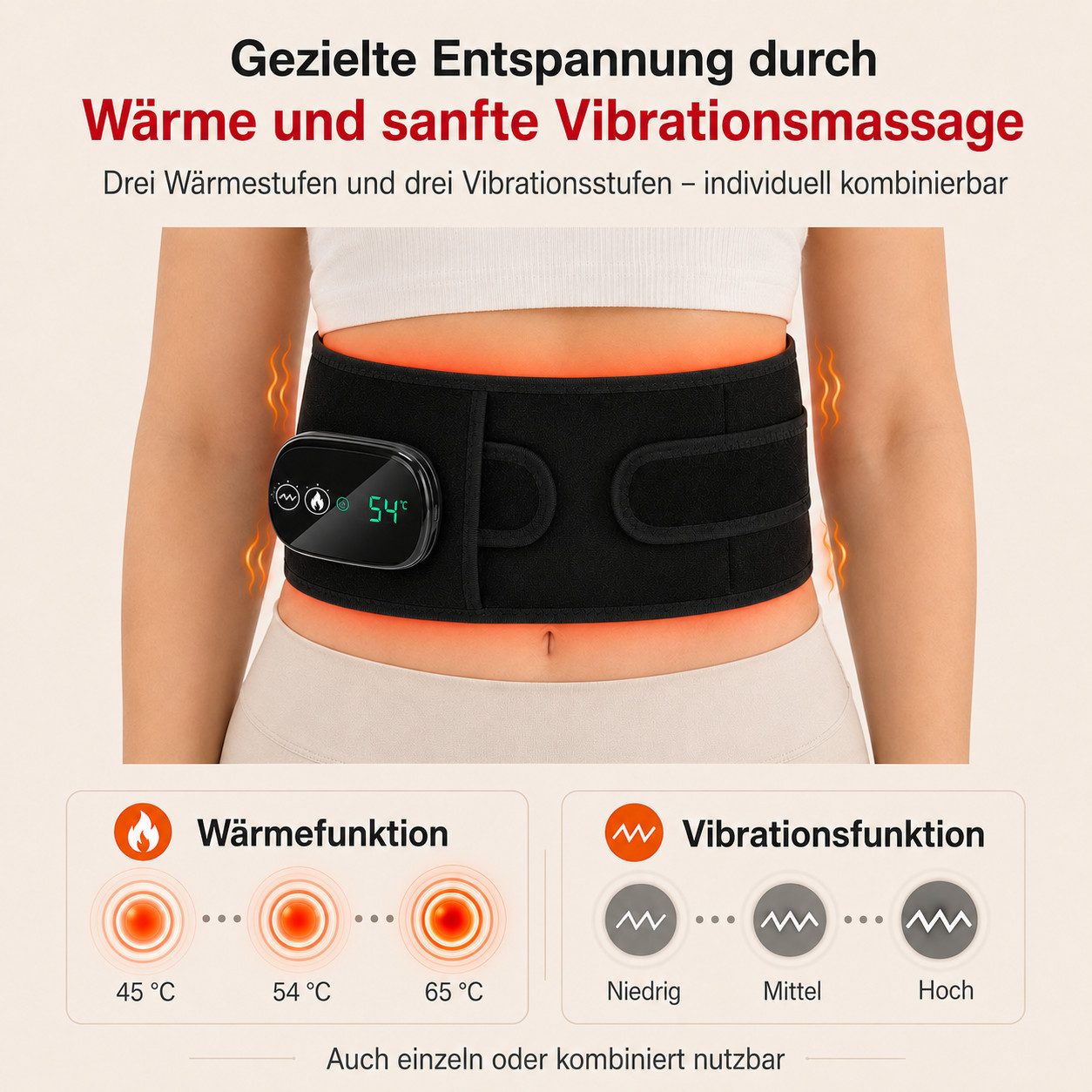 Tekoo Rücken Stützgürtel Massagegürtel mit Wärmefunktion kabellos für Rücken & Bauch, Kabelloses Design, 3 Heizstufen (45-65°C) und 3 Massagemodi