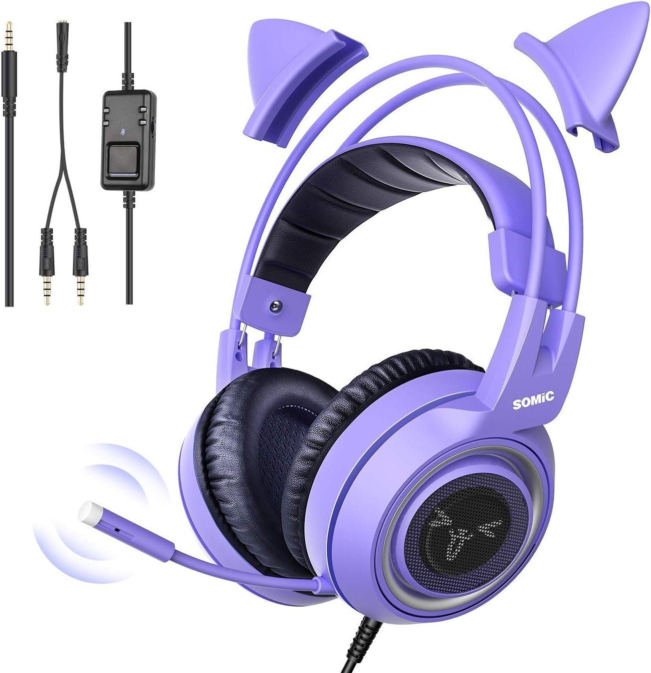 Somic G951S Gaming-Headset (Kopfhörer Lautstärkeregler, mit Cat-Ear Mikrofon, mit Abnehmbares Lila Frauen) Gaming-Headset Mädchen, 3,5-mm-Klinkenstecker