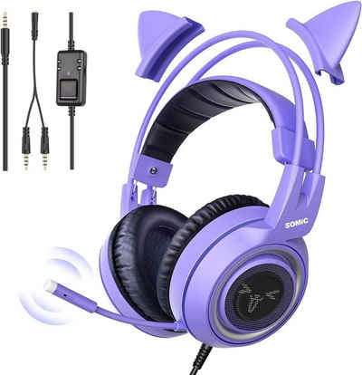 Somic G951S Gaming-Headset (Kopfhörer mit Lautstärkeregler, 3,5-mm-Klinkenstecker, Abnehmbares Cat-Ear Lila Gaming-Headset mit Mikrofon, Mädchen, Frauen)