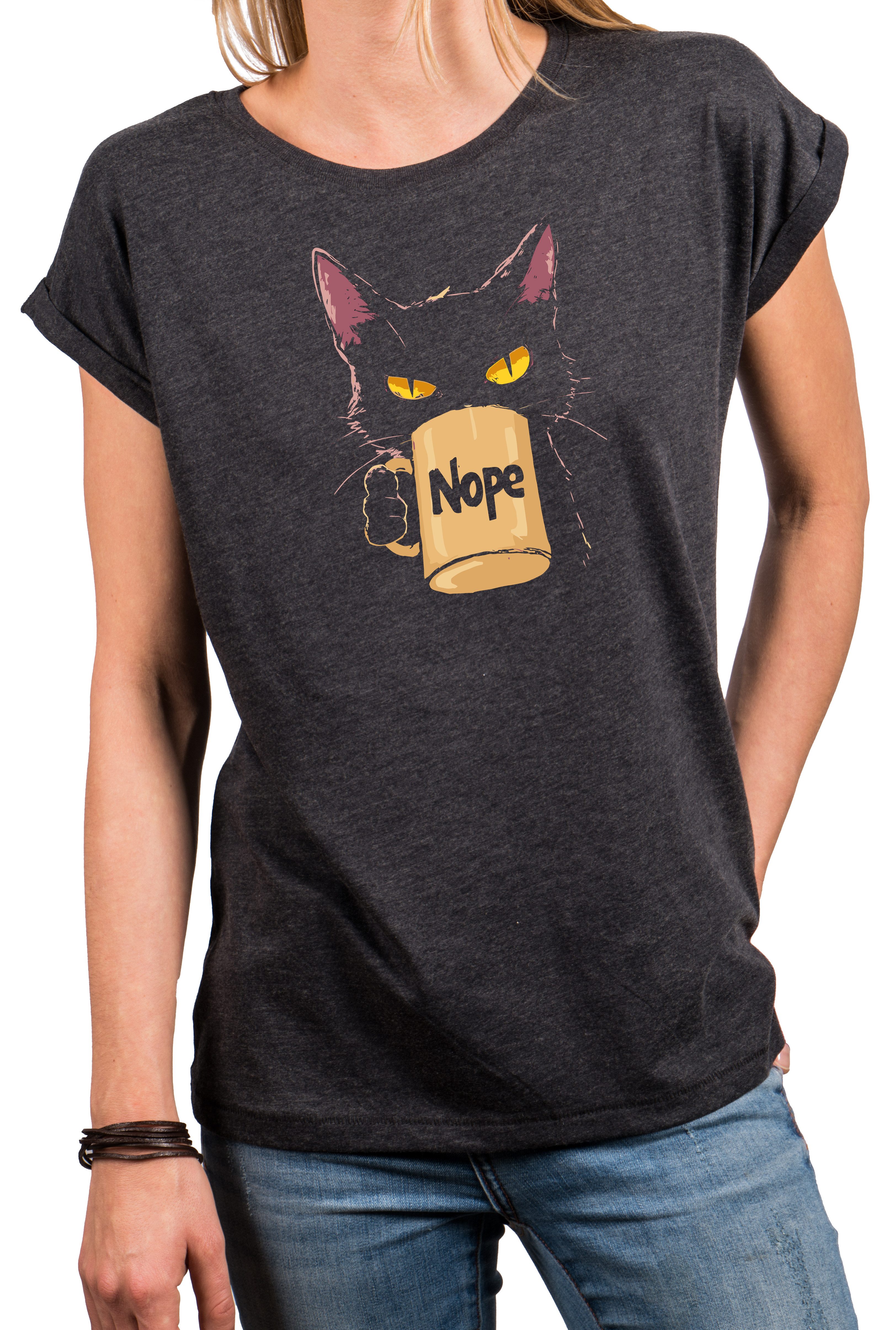 T-Shirt Lustiges Damen T-Shirt mit Katze und Kaffeetasse, Nope Spruch