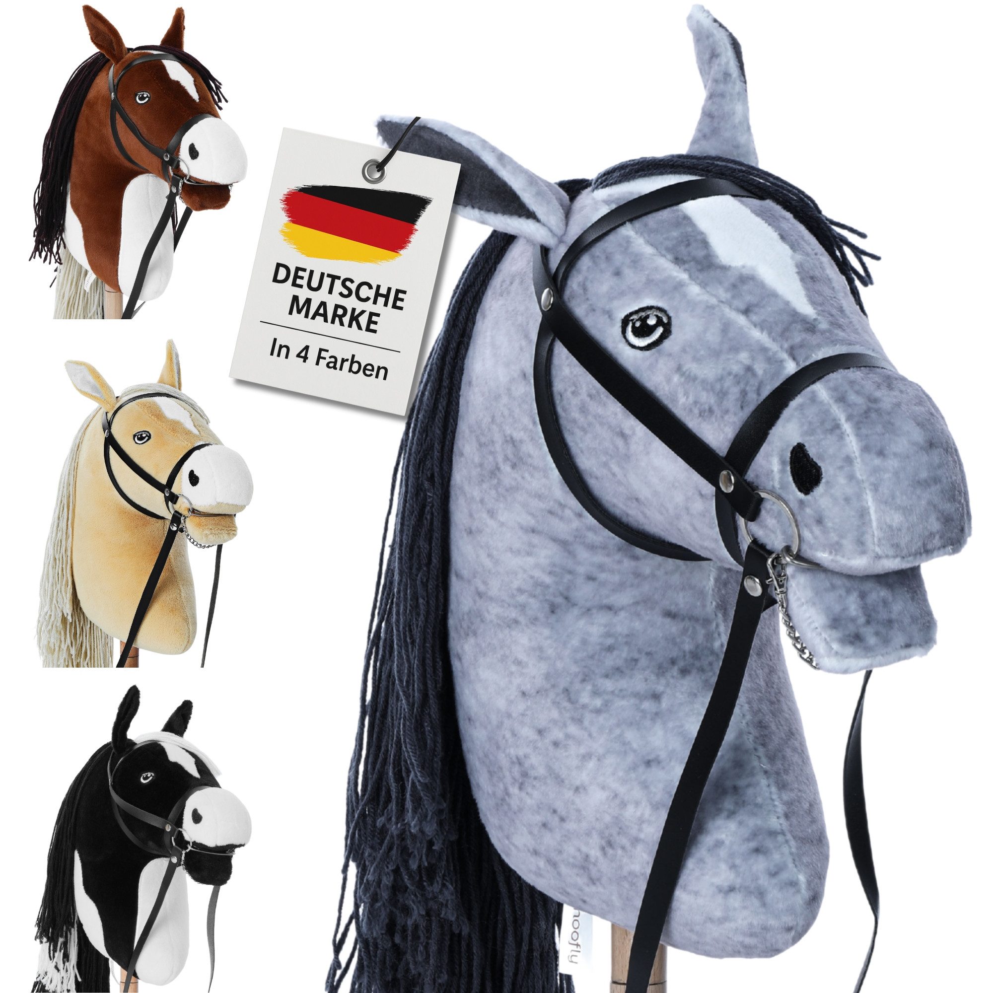 Hoofly Steckenpferd Hoofly® Hobby Horse Pferde Set mit Trense und Schraubstab in 4 Designs, Abschraubbarer Stab