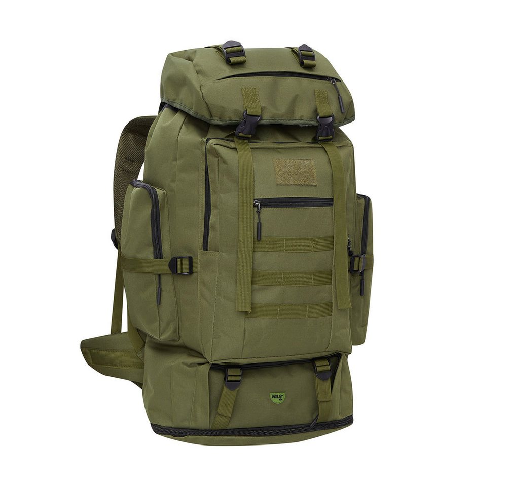 NILS CAMP Trekkingrucksack Militärrucksack Reiserucksack Outdoorrucksack (Spar-Set, 1-tlg., 75-90 x 41 x 30 cm), 100 l, 5 Fronttaschen, MOLLE-Panel, verkürzbar