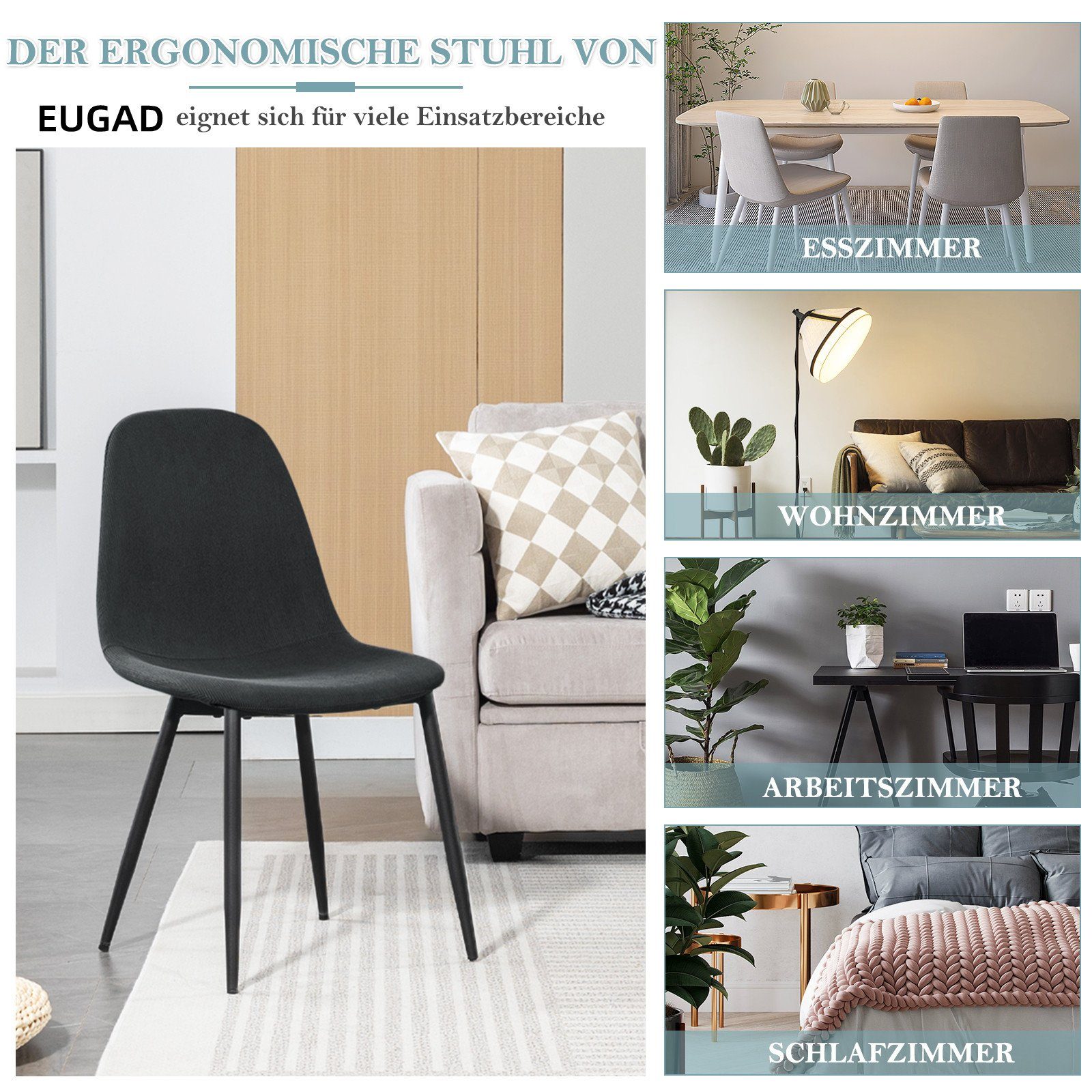(4 Esszimmerstühle Küchenstuhl St), Cord EUGAD modern, Skandinavisch Metallbeine, Dunkelgrau aus