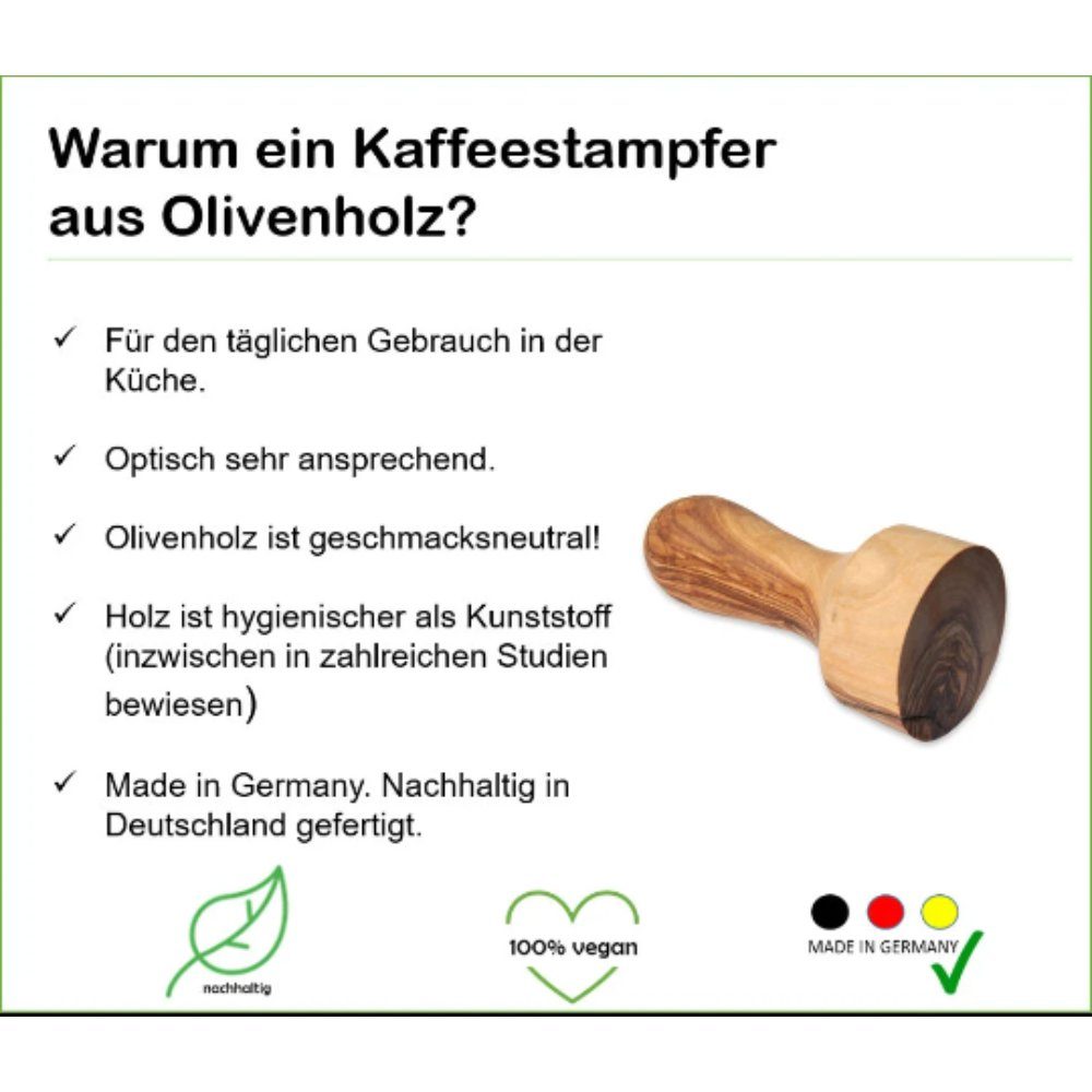 Olivenholz-erleben Tamper Kaffeetampfer aus Olivenholz, Aus echtem Olivenholz – robust, aromaneutral – jedes Stück ein Unikat