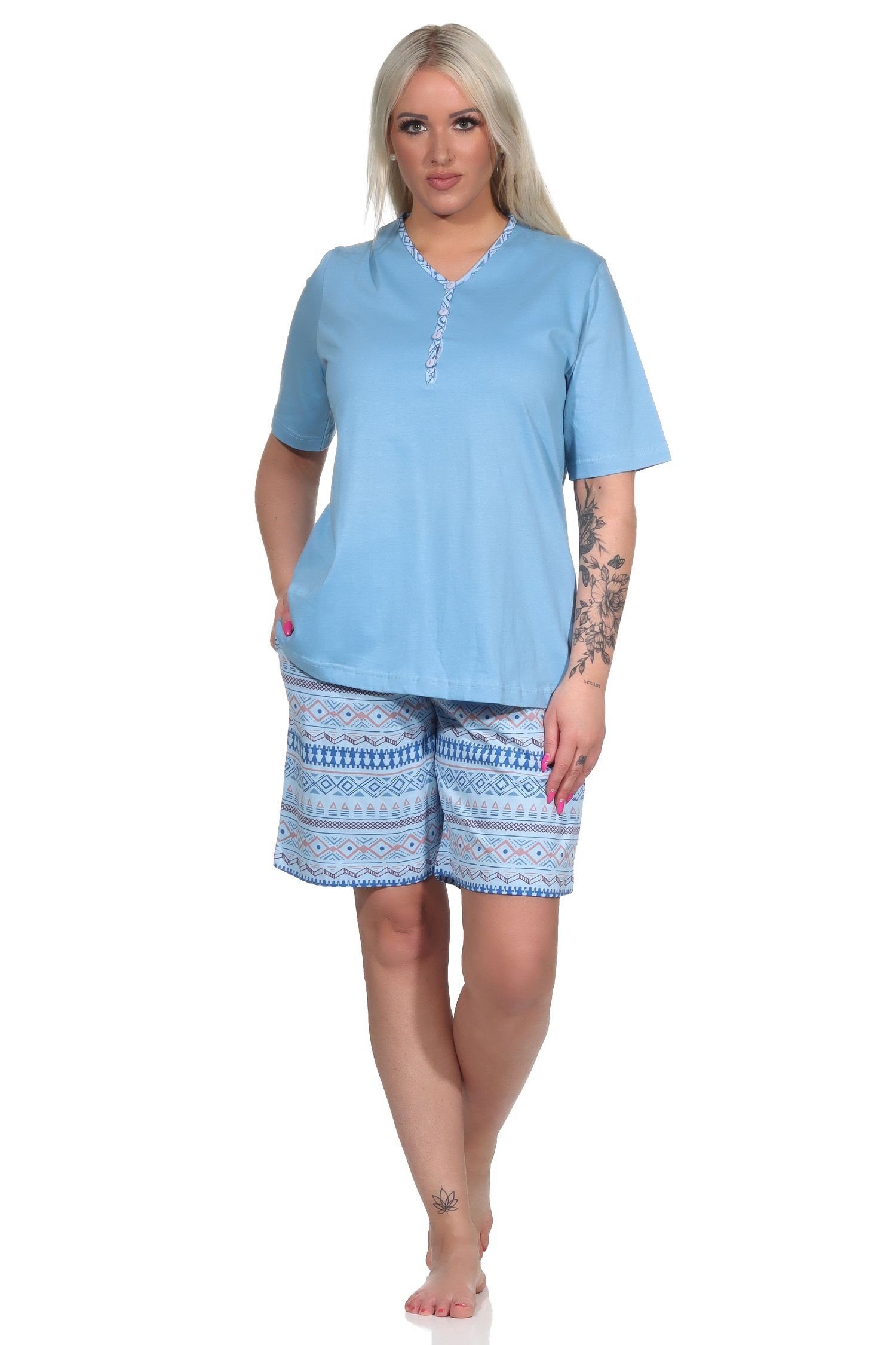 Normann Pyjama Damen kurzarm Shorty hellblau - auch Ethnolook im Schlafanzug Übergrößen in