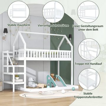 Fangqi Bett 90x200cm Etagenbett mit Treppe, Kinderbett mit Fallschutz und Geländer (set, Familienbett mit Treppe, Kinderbett, Jugendbett, Gästebett), Platzsparende Etagenbetten mit Geländer um das obere Bett