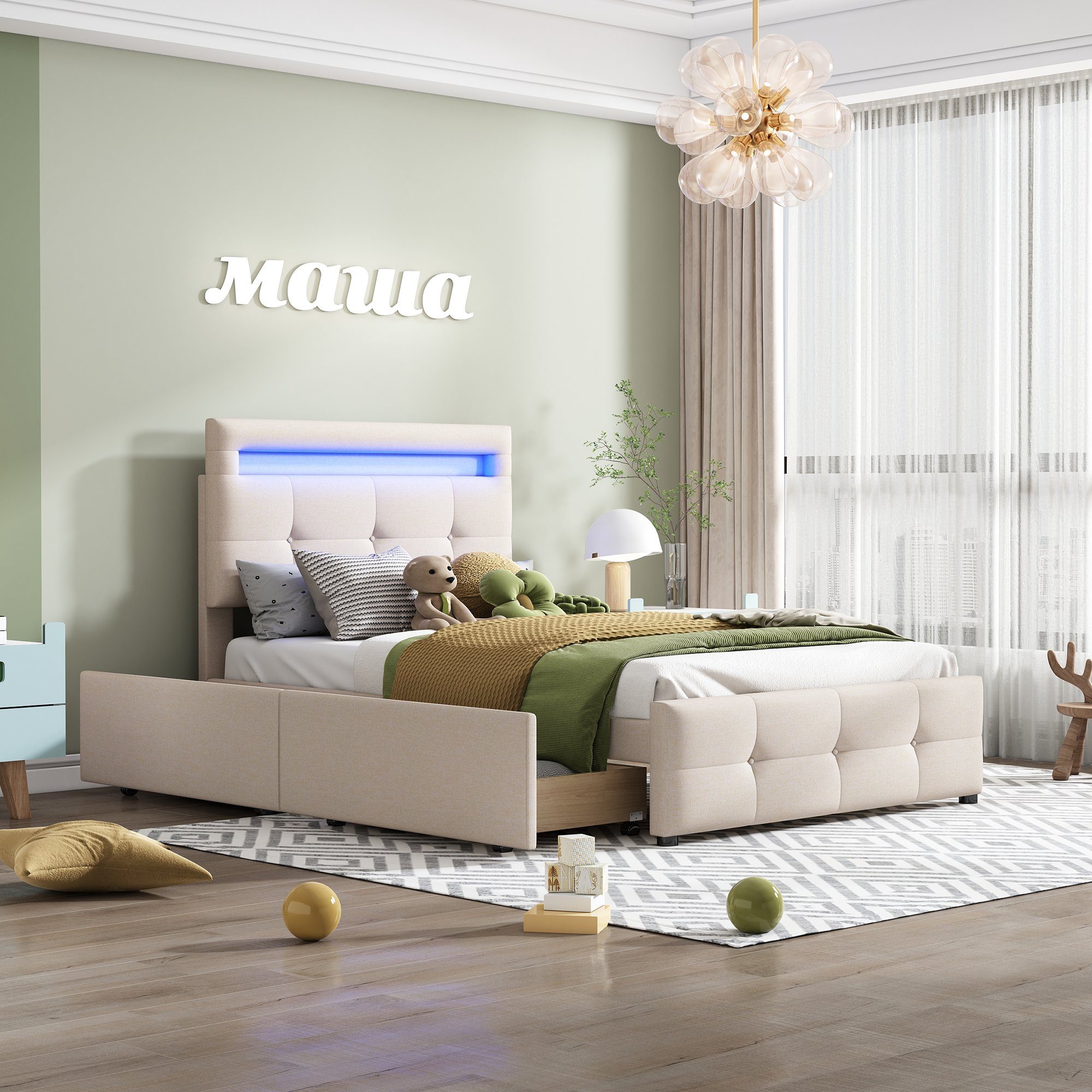 Flieks Polsterbett, LED Beleuchtung Einzelbett 2 Schubladen Leinen 90*200cm günstig online kaufen