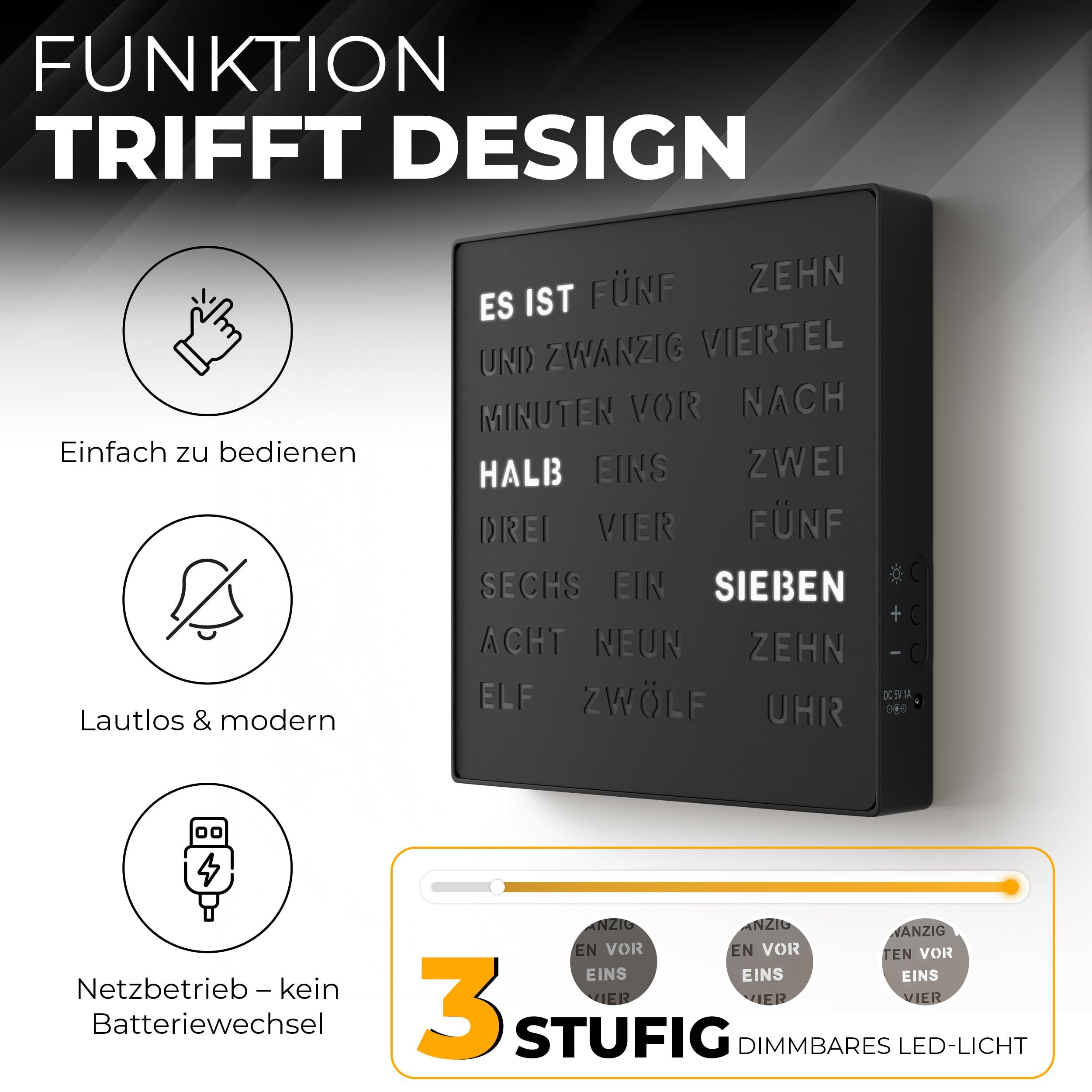 Bada Bing Uhr LED Wortuhr Tischuhr Wanduhr Uhr mit USB Kabel (Matt Schwarz) günstig online kaufen