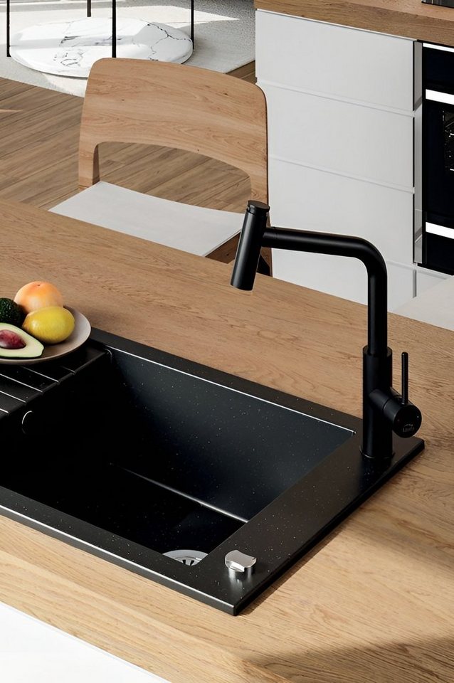 Thumbnail - KOLMAN Küchenspüle Einzelbecken Pionier Granitspüle, Rechteckig, 50/78 cm, Schwarz, Space Saving Siphon GRATIS