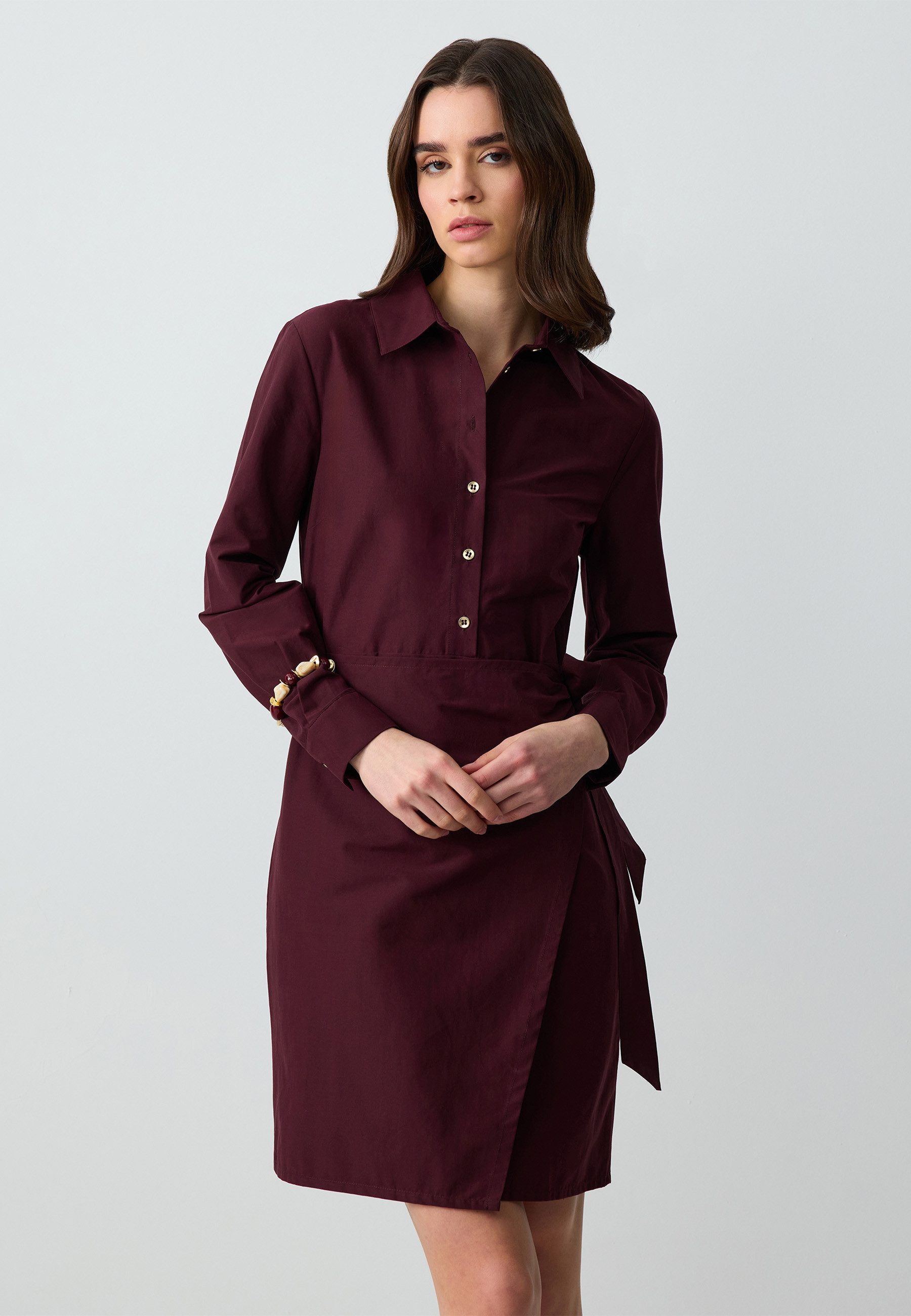 Minikleid Gewebtes Mini-Kleid mit langen Ärmeln und Kragen