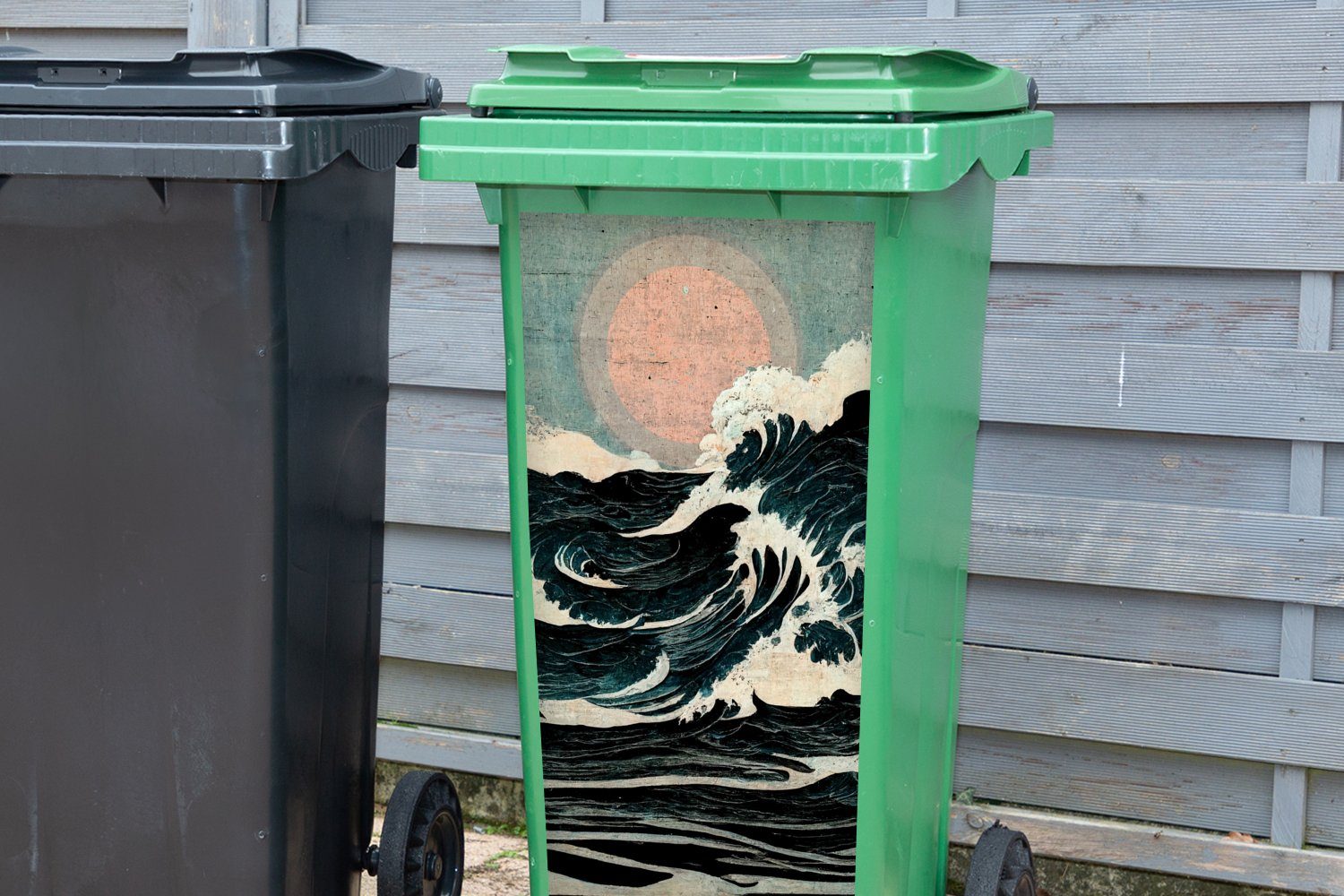 MuchoWow Wandsticker Jahrgang - Meer - Abfalbehälter (1 Sonne Mülleimer-aufkleber, - St), Sticker, Wellen Mülltonne, Container