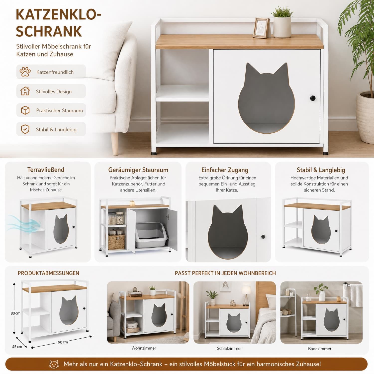 ANYSUN Tierhaus 2-in-1 Katzenmöbel mit 2 Offen Regalen,Verstellbare Füße,Metallrahmen, Weiß-Holzoptik Beistelltisch für Wohnzimmer,Schlafzimmer,76×54×59cm