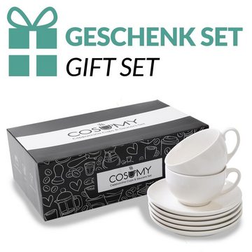 Cosumy Cappuccinotasse 6 Cappuccino Tassen Set Weiß, Keramik, Mit Untertassen - Hält Lange warm - Spülmaschinenfest - 180ml