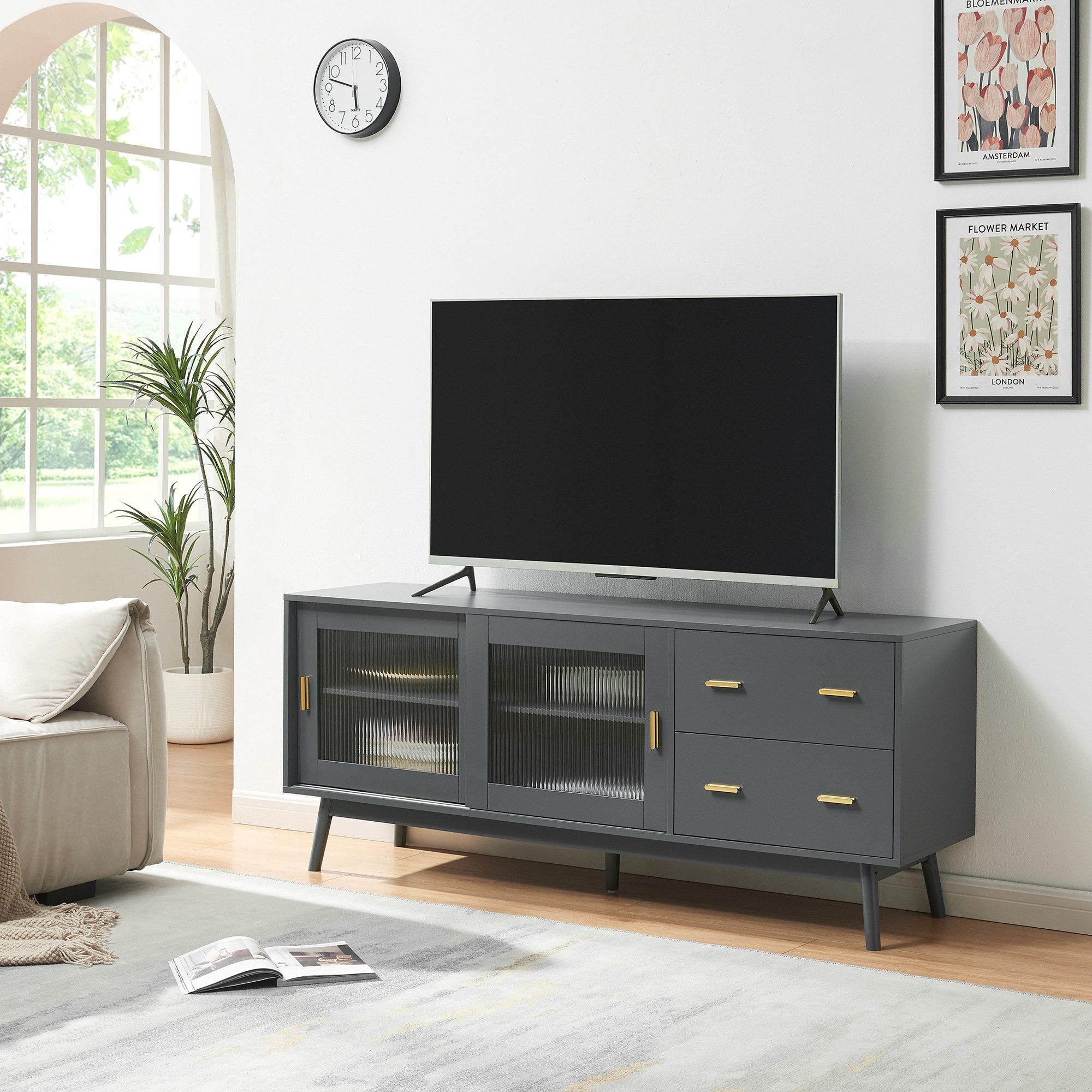 en.casa TV-Schrank »Susa« 160x40x65 cm mit Glasfront Grau