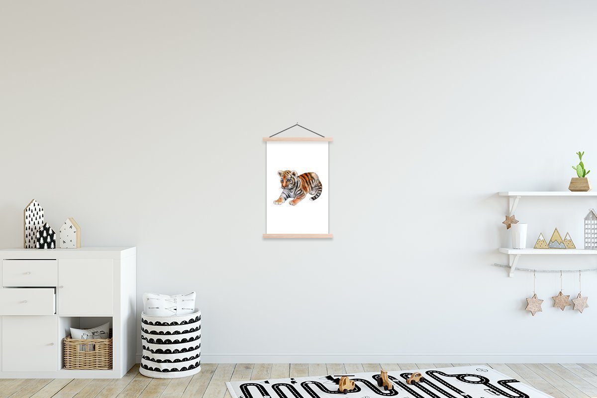 MuchoWow Poster Tiger - Klein - Weiß, (1 St), Posterleiste, Textilposter für Wohnzimmer, Bilderleiste, Magnetisch