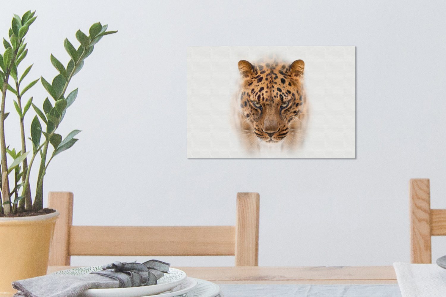 OneMillionCanvasses® Leinwandbild Leopard - Leinwandbilder, cm Gesicht, Wanddeko, (1 St), Aufhängefertig, Weiß - 30x20 Wandbild