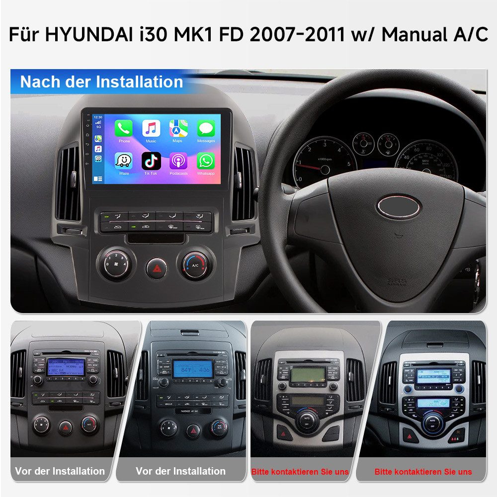 A-Sure 9Zoll Wireless Carplay Android 15 Für FM BT Hyundai i30 MK1 FD 2006-11 Autoradio (Digitalradio (DAB), 8-Core CPU, RDS, DSP, GPS, SWC, Navi, UI Theme, Siri, Mirrorlink, Google play, Netflix, Youtube, Calendar, TikTok)