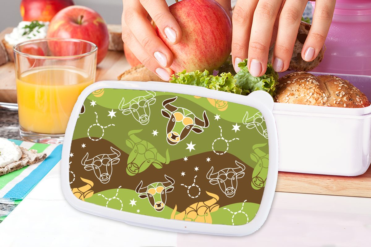 und - Mädchen Jungs - Grün Brotbox - weiß für Tierkreiszeichen Brotdose, Muster, (2-tlg), Stier MuchoWow Kinder für Erwachsene, Kunststoff, und Lunchbox