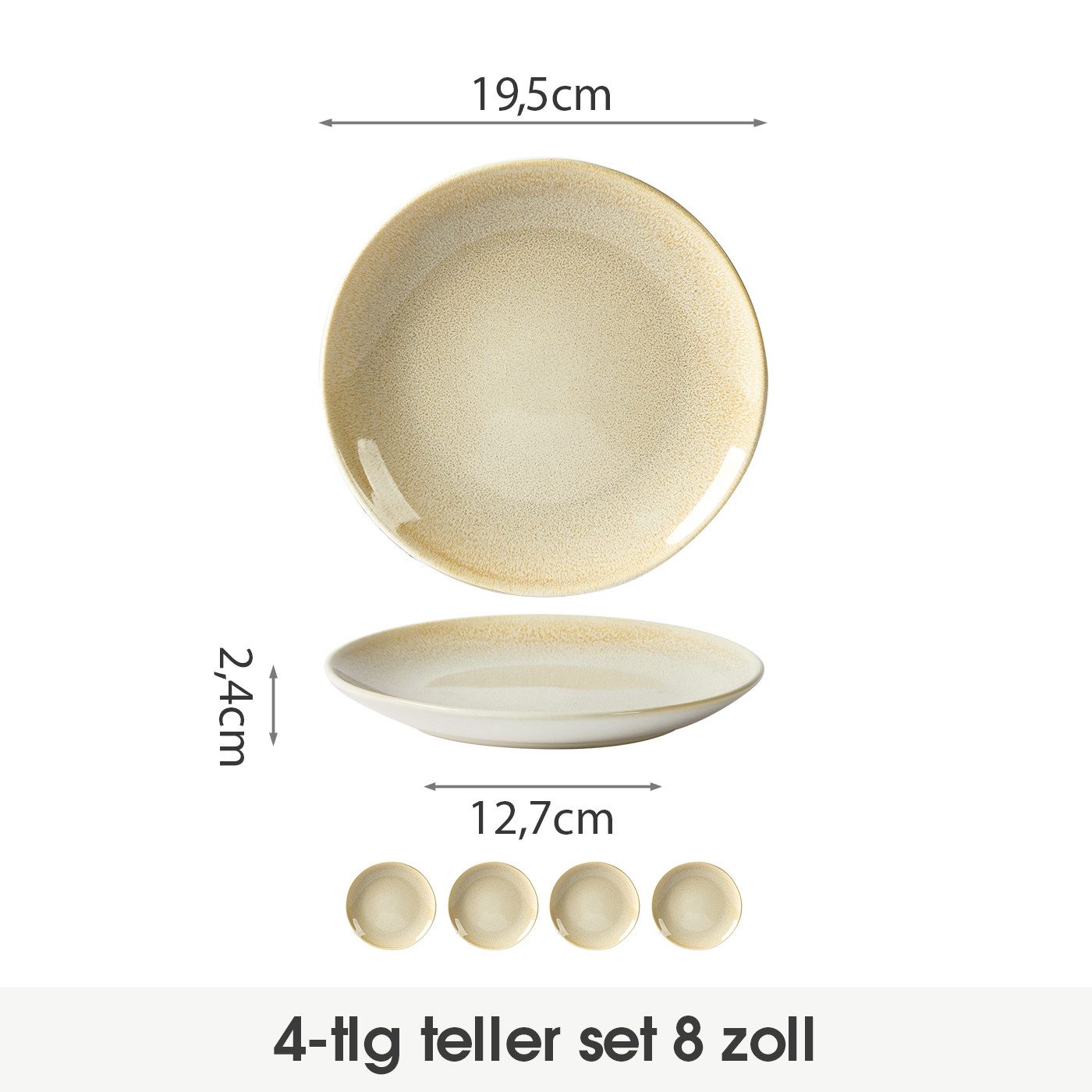 JIWOO Teller 4er Ø19,5cm, Speiseteller Steakteller Dessertteller Pastateller Plate, (4 St), Keramik Hochwertiges Tellerset Braun Mikrowellenofen Spülmaschine