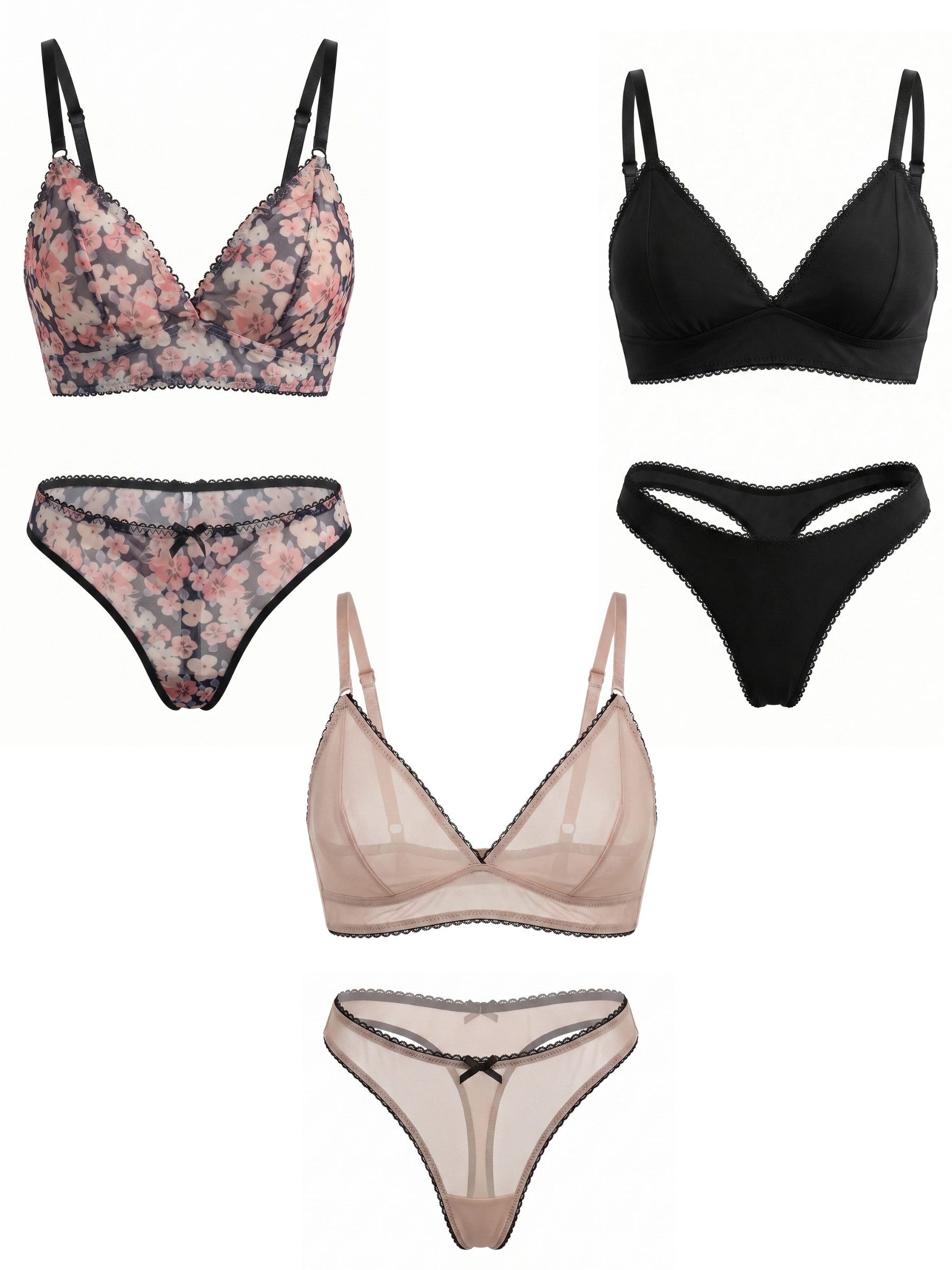 Elegant Love Set: Bügelloser BH Dessous-Set aus Spitze – Romantisches Bralette & String (Set, 2-tlg., mit Tanga, 3-er Pack) Cami-BH & Slip – Komfortables Unterwäsche-Set