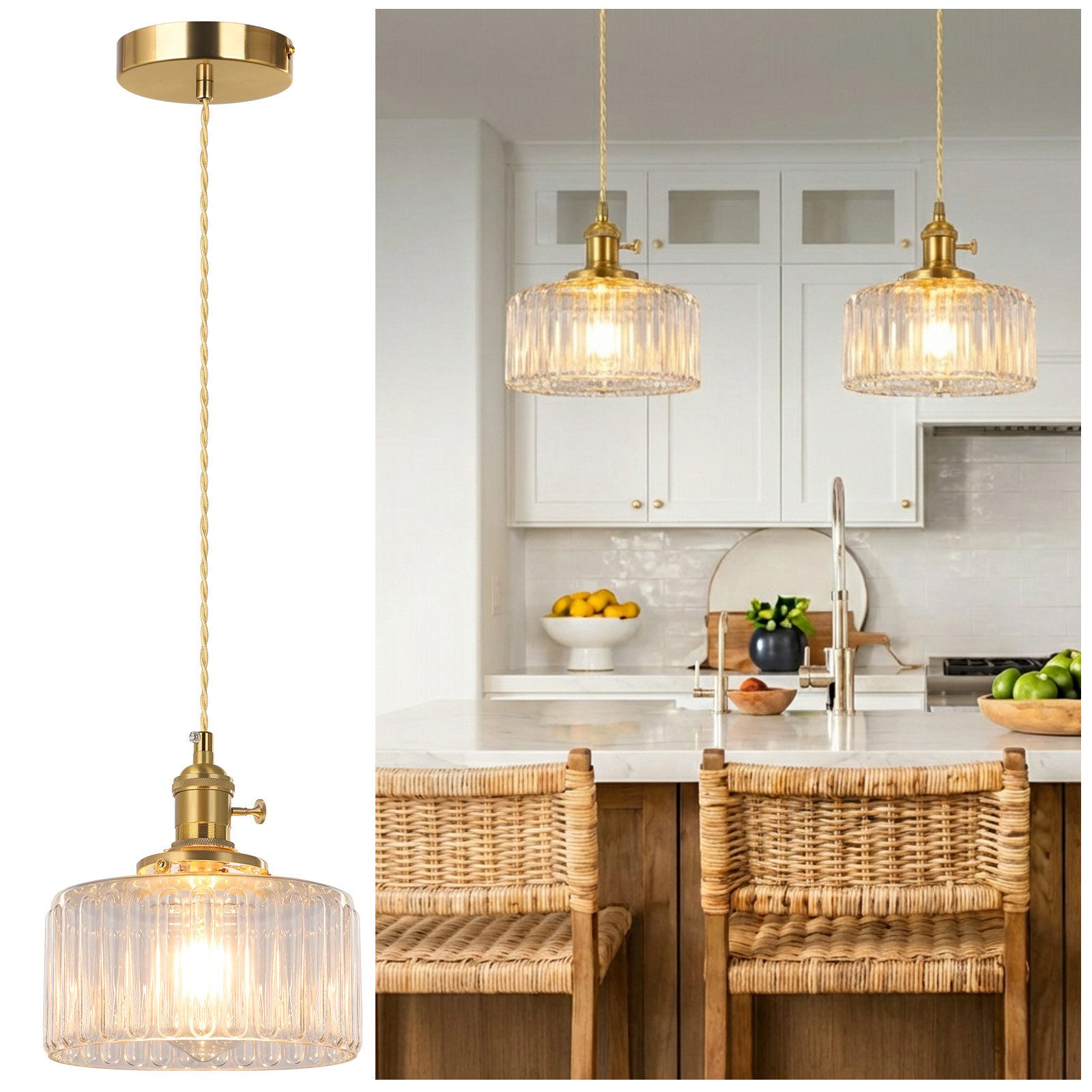 Rosnek Pendelleuchte Vintage LED Glas Hängelampe mit E27 Fassung und Glühbirne, LED wechselbar, Höhenverstellbar Warmweiße Hängeleuchte für Esstisch