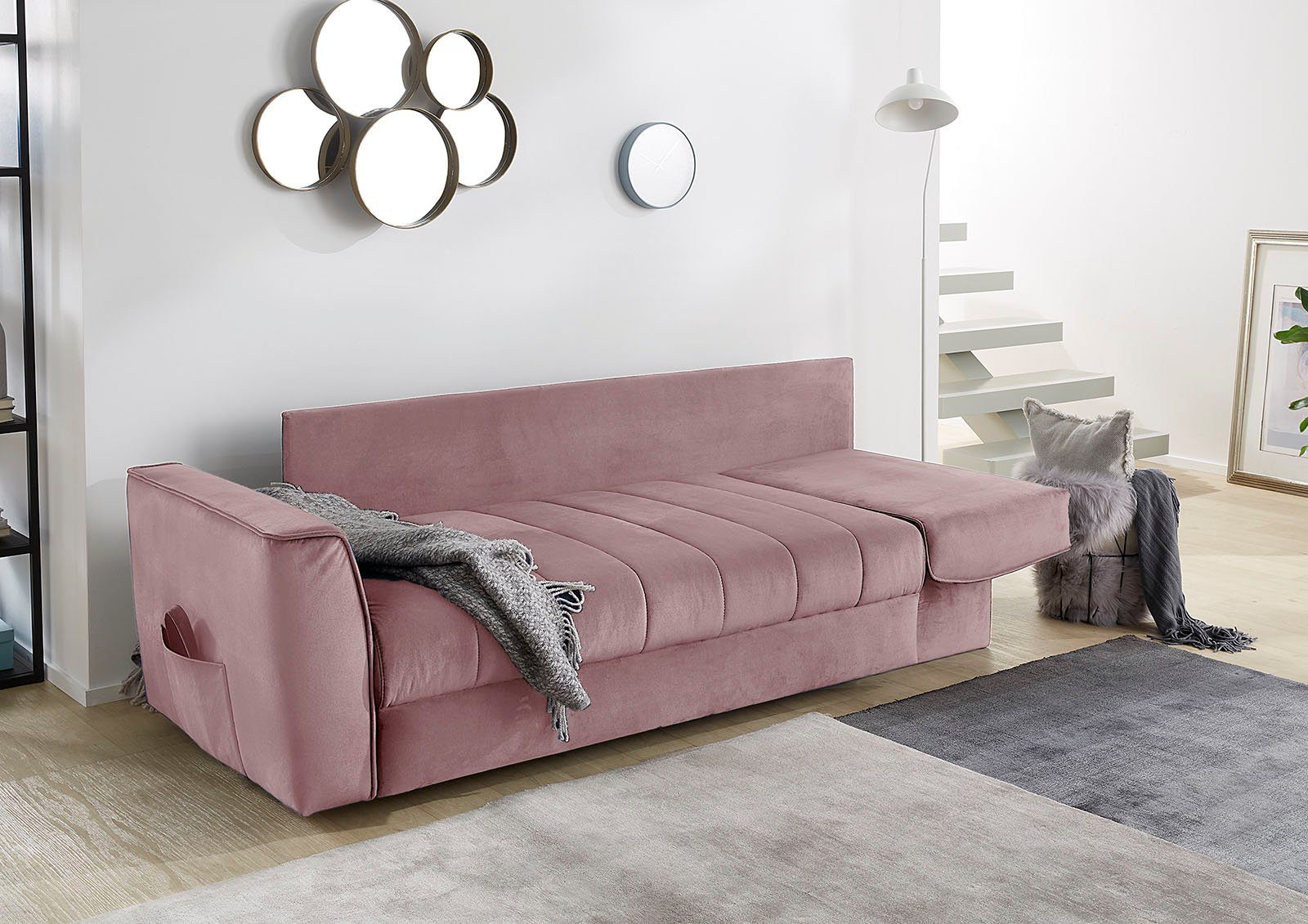 Rick, Gruppe mit Platzsparendes Jockenhöfer Gästebettfunktion, Sofa Federkernpolsterung Schlafsofa rosa