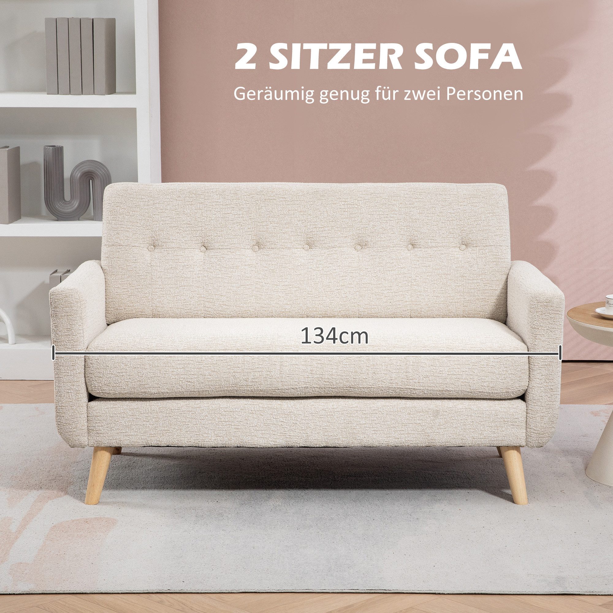 HOMCOM 2-Sitzer Polstersofa im Modern-Stil mit Holzbeine, Samtoptik, Doppelsofa 1 Teile, für Schlafzimmer, Wohnzimmer, Beige