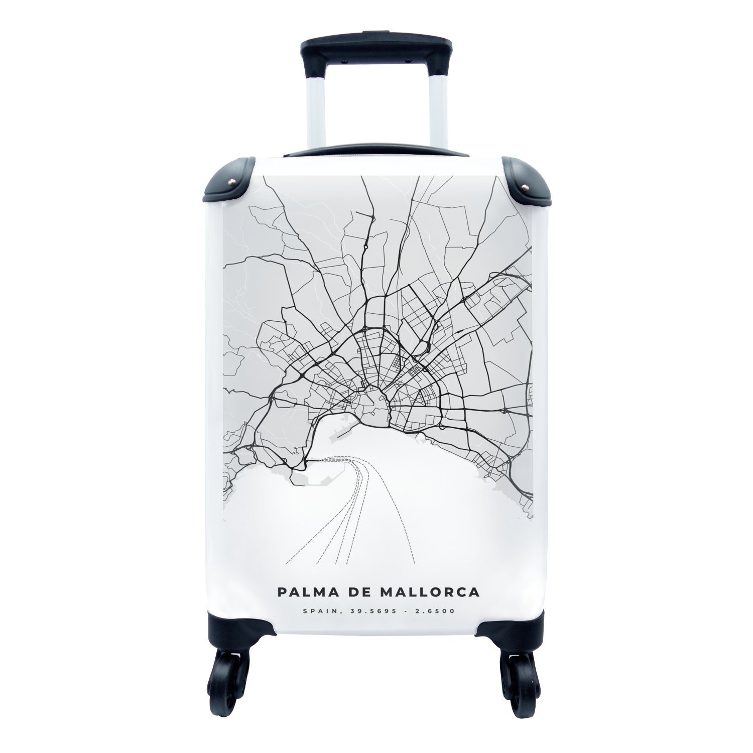 - für Mallorca Karte, Trolley, und Rollen, Schwarz Handgepäck 4 - - Reisekoffer mit Ferien, Reisetasche MuchoWow Stadtplan weiß Handgepäckkoffer rollen,