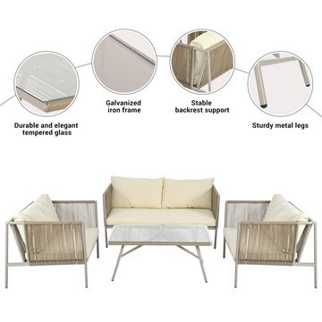 FUROKOY Gartenlounge-Set Lounge-Set, Gartenmöbel Sofa 4-Sitzer, PE-Rattan Gartenliege, (2-Sitzer-Sofa, 2 Einzelstühle, 1 Tisch,Kissen, Glas Tischplatte,Gartenmöbelset mit verzinktem Eisengestell)