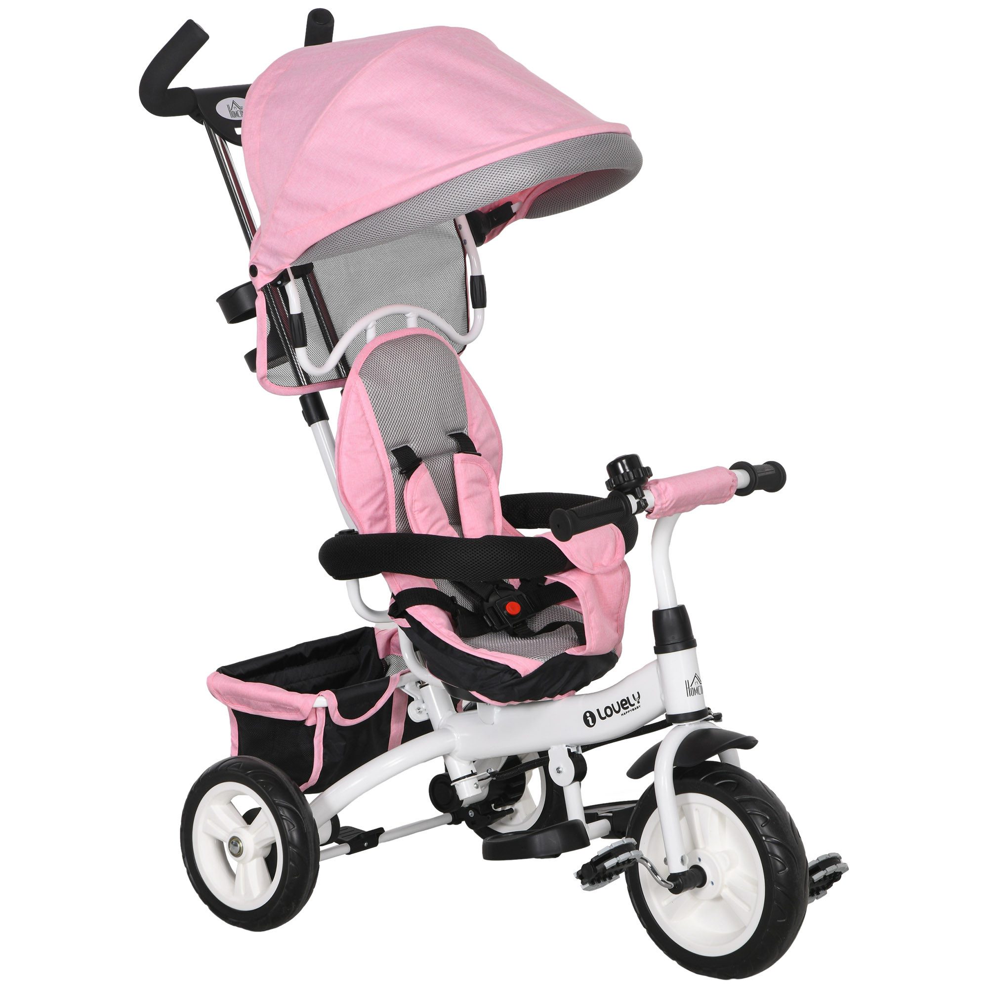 HOMCOM Dreirad 6-in-1 Schubstange, Kinder bis 25kg, Vorwärts und Rückwärtsfahrt, für 12-60 Monate, Rosa