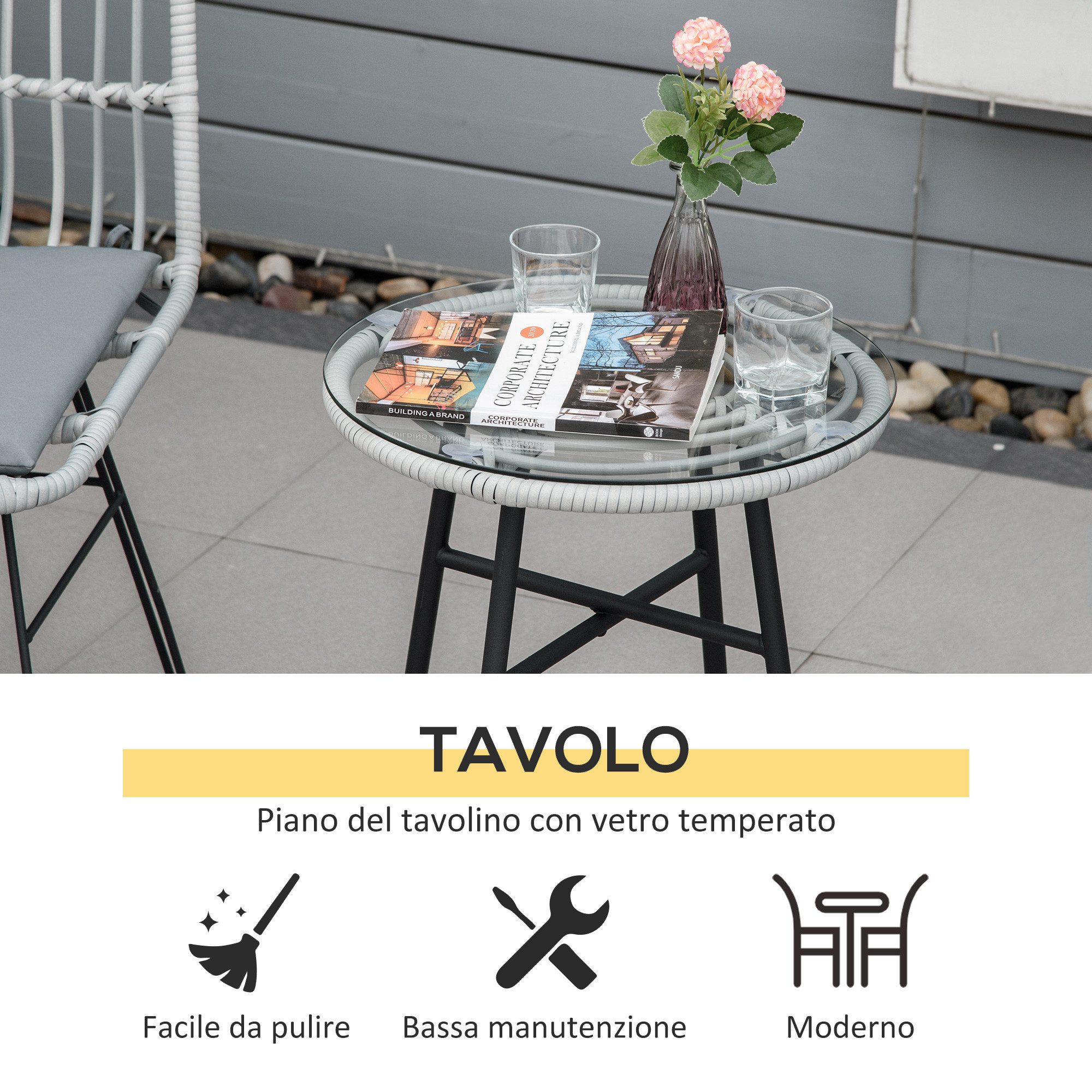 kowdom Bistrotisch 3-teiliges Bistro Set Rattan, 2 Stühle & Tisch mit Glasplatte, Garten (Bistro Set, 3-teilig: Tisch + 2 Stühle mit Kissen), PE-Rattan, Glastisch, abnehmbare Kissen, wetterfest, UV-beständig