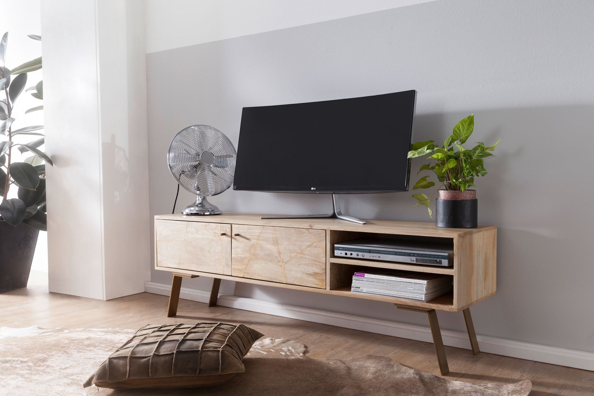 Wohnling Lowboard WL5.607 SIKAR Massivholz Fernsehkommode Landhaus Fernsehschrank (Mango Massivholz Landhaus TV Kommode 145x47x35 cm), Fernsehschrank mit 2 Türen, Unterschrank TV Möbel