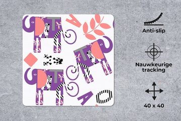 MuchoWow Gaming Mauspad Elefanten - Blätter - Lila - Muster (1-St), Mousepad mit Rutschfester Unterseite, Gaming, 40x40 cm, XXL, Großes
