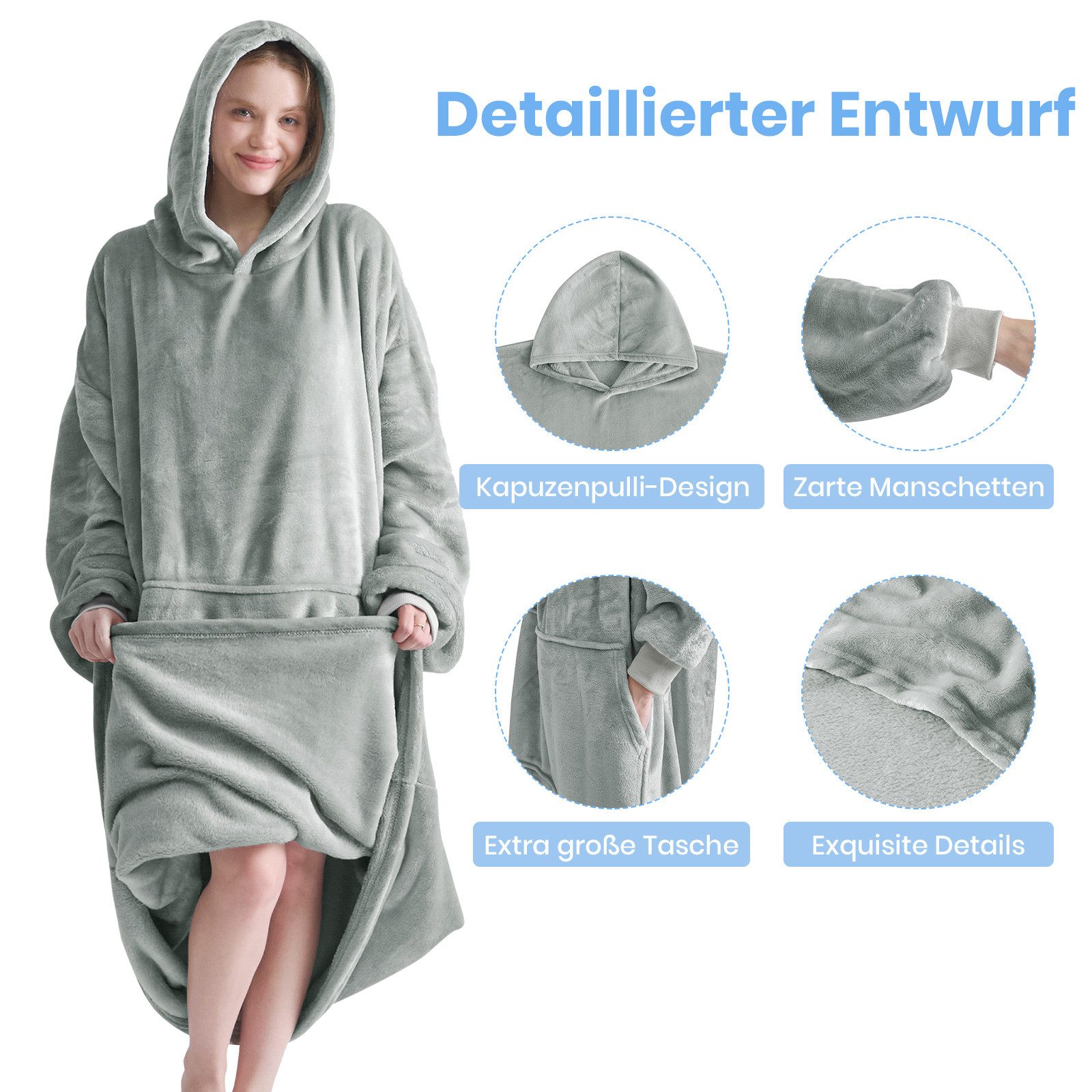Wohndecke Tragbare Decke, Kuscheldecke mit Ärmeln, Sherpa, mit Taschen, Grau, Good Nite, Hoodie, Oversize, Sherpa Fleece
