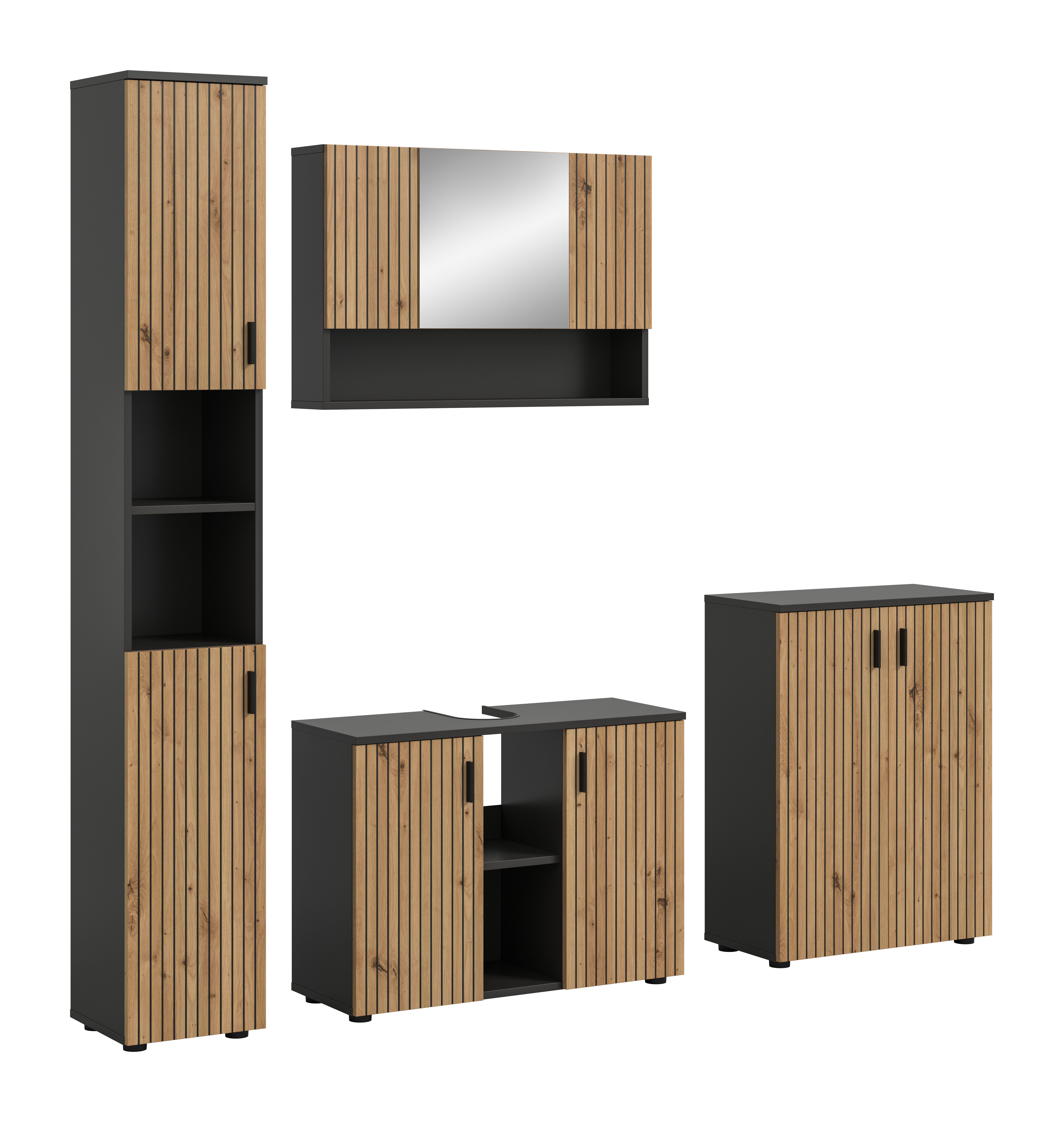 welltime Badmöbel-Set MANI, 4-tlg. Badkombination, Paneeloptik, (Set, 4-St., Set, best. aus: 1Badschrank,1WBU,1Spiegelschrank,1Badschrank), Bad-Kombination, Bad-Möbel, Badezimmer, Kombination, Kombi