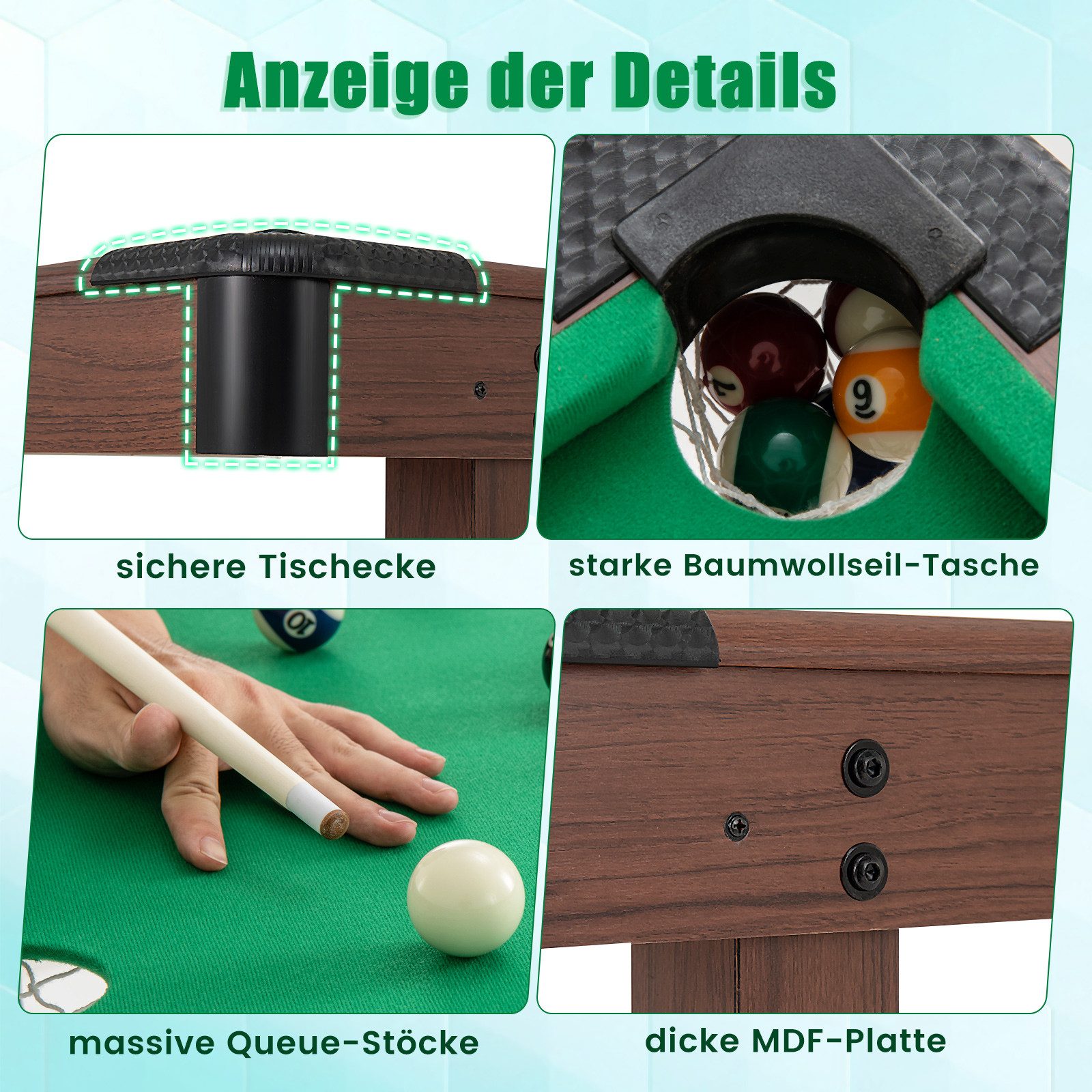 COSTWAY Billardtisch, Holz mit Kugelsatz, 2 Queues